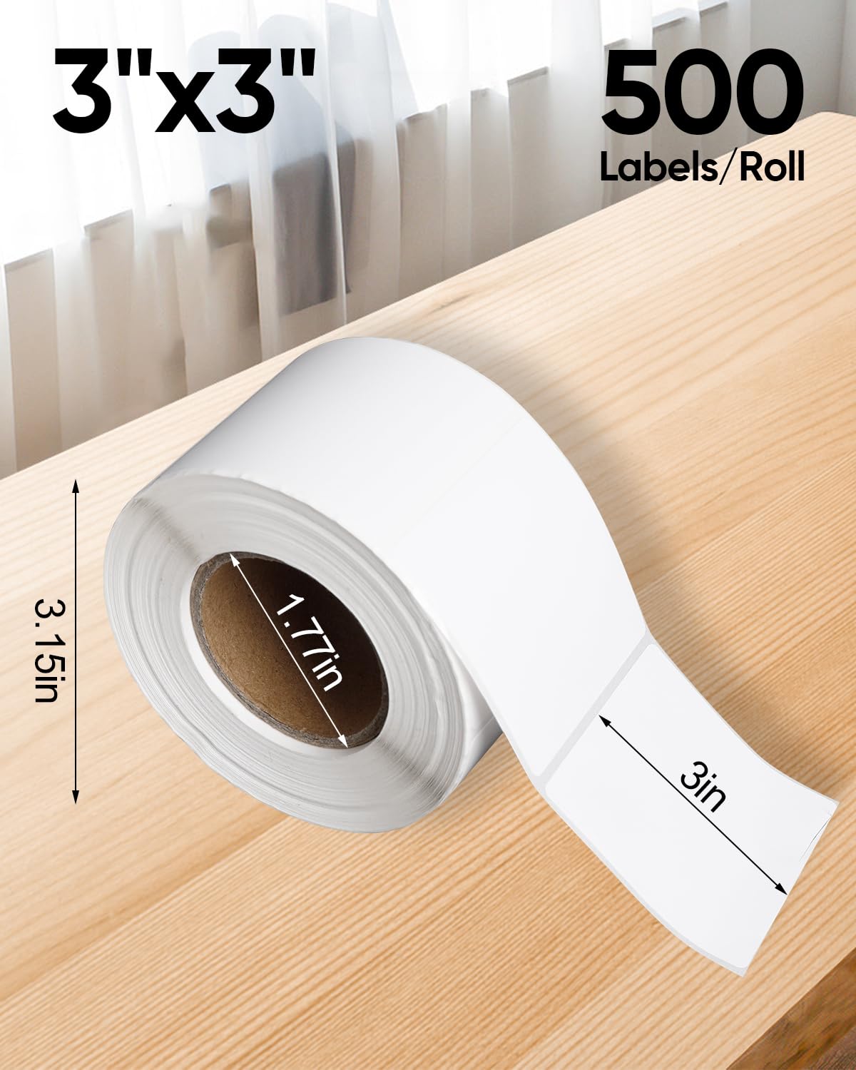 3" x 3" White Square Thermal Label Stickers - Self-Adhesive Square Direct Thermal Sticker Labels 500 Labels/ 1 Roll