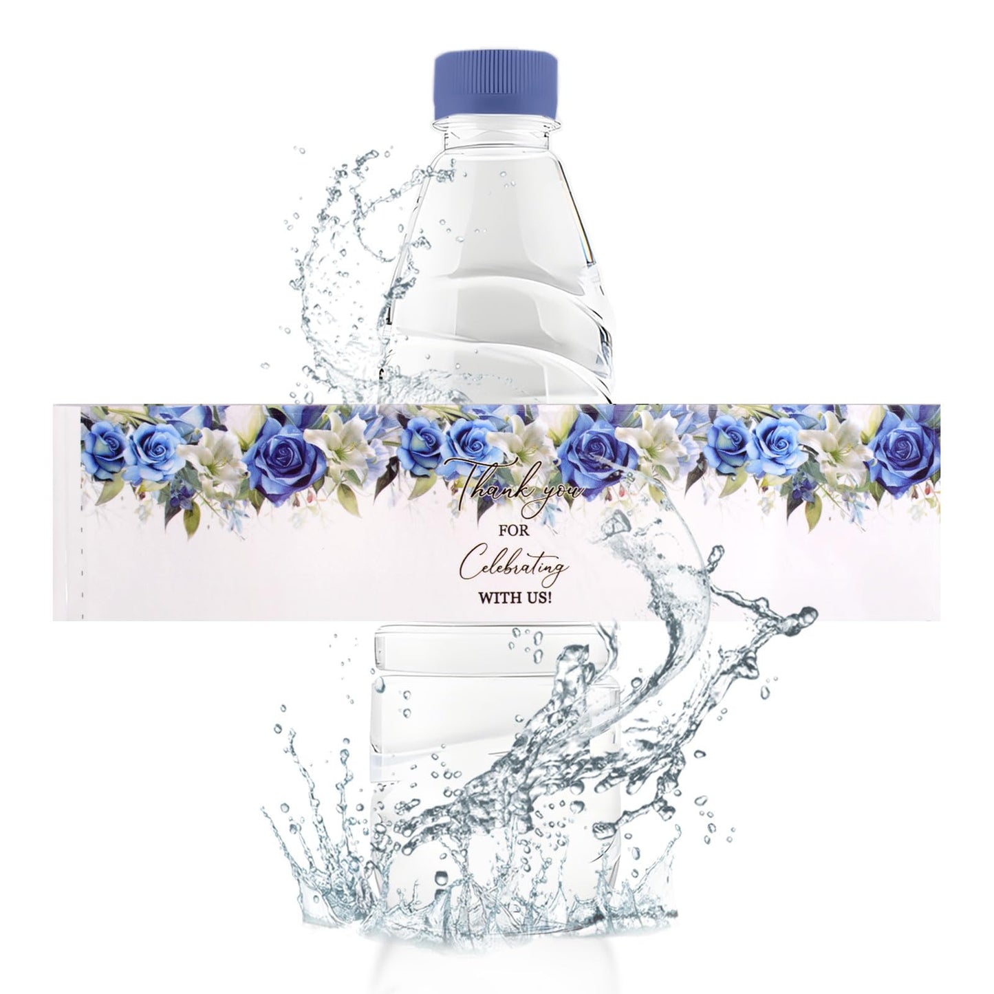 50 Pcs Waterproof Blue Floral Thank You Bottle Stickers Labels,Wedding Bridal Shower Bottle Wrappers Engagement Party Favors Decors Supplies Dark Blue
