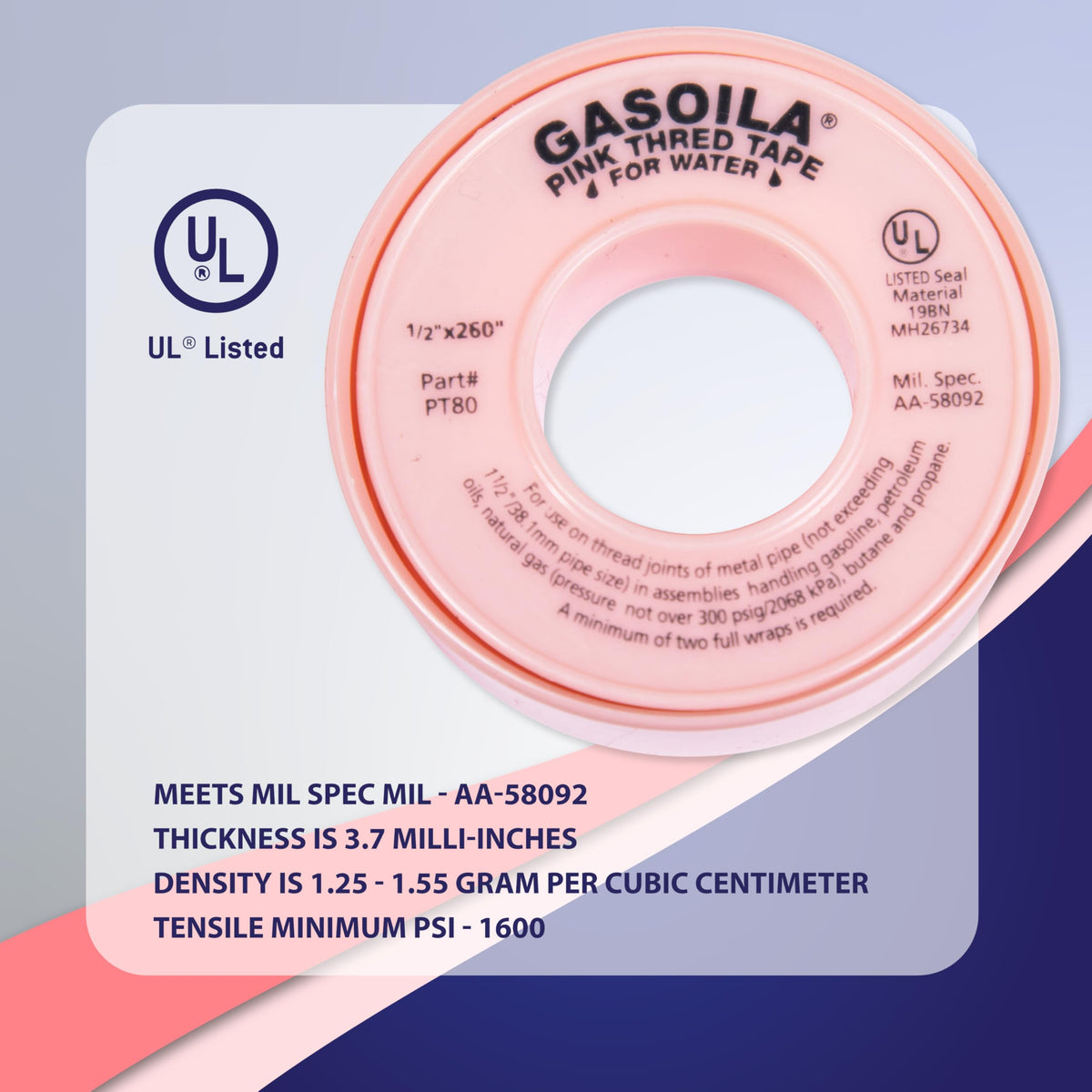 Gasoila Pink PTFE Thread Seal Tape – Professional-Grade High-Density Thread Tape for Water Lines – Leak-Proof Seal, Non-Toxic (1/2 Inch x 260 Inch Roll) 1/2 Inch x 260 Inch Roll