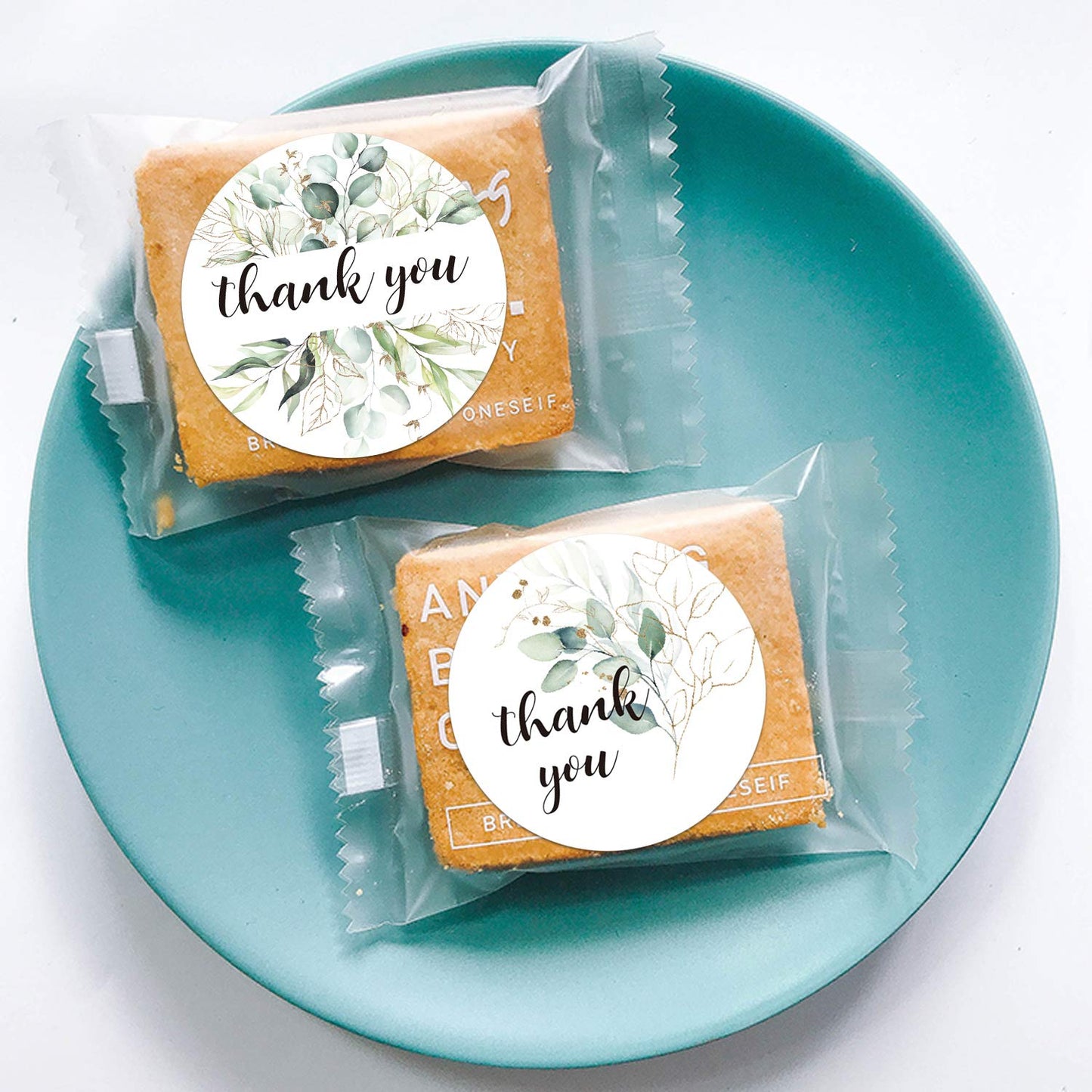 500 Greenery Thank You Label Stickers, Chic Golden Eucalyptus Leaves Wreath Thank You Stickers, 6 Different Designs, 1.4 Inches Round Thank You Stickers Roll, Wedding Favors.