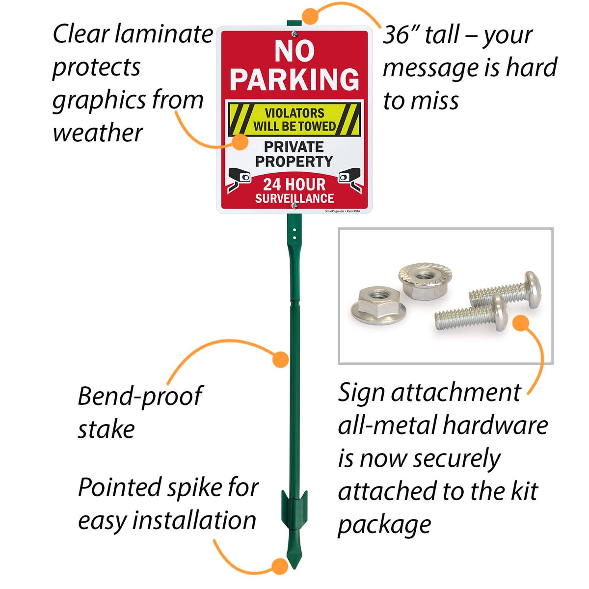 SmartSign 12" x 10" 'No Parking Violators Towed Private Property 24 Hour Surveillance' Yard Sign with 3 ft Stake, 40 mil Aluminum, 3M Laminated Engineer Grade Reflective, Set of 1 10" x 12" Reflective Aluminum Sign with 3' Stake