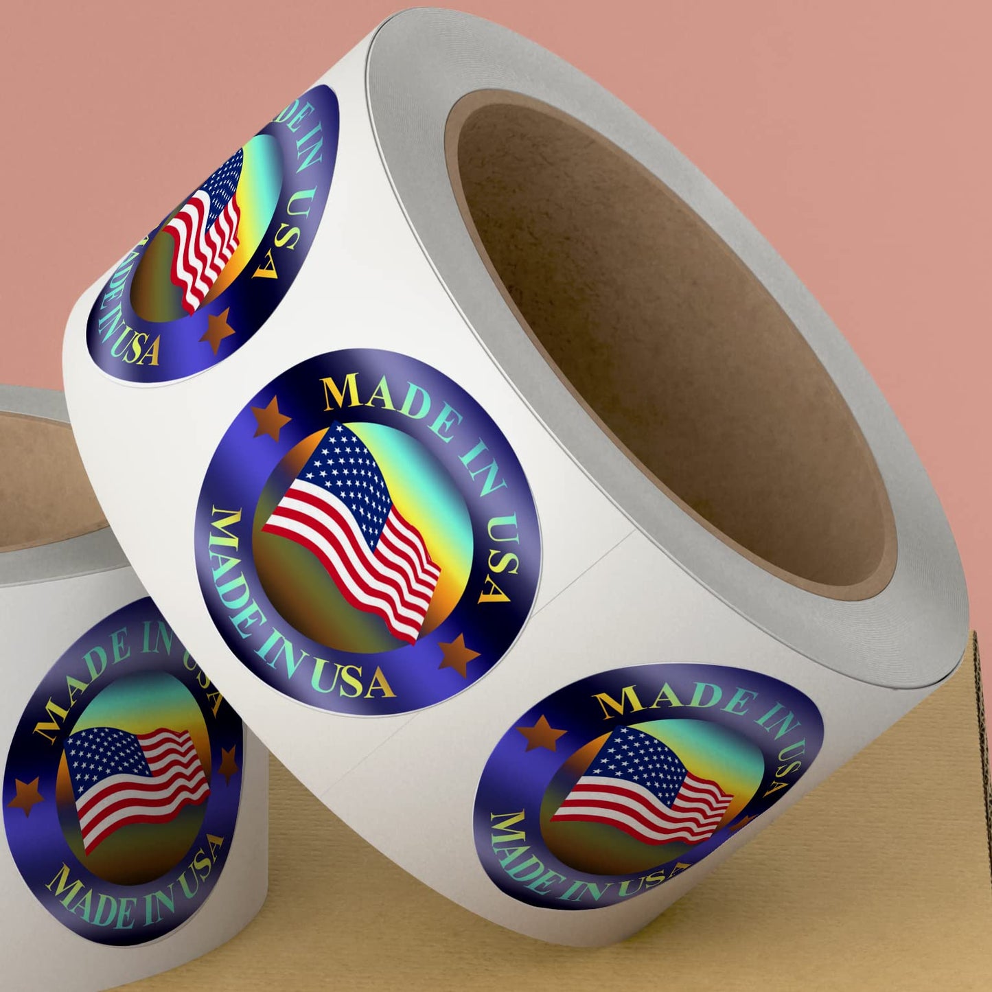 Made in USA Hologram Flag Labels 1-Inch Round American Stickers, 2 Colors (Blue and Red) Glossy Silver Metalized, 500 PCS Per Roll for Product and Package Labeling (1 Roll)