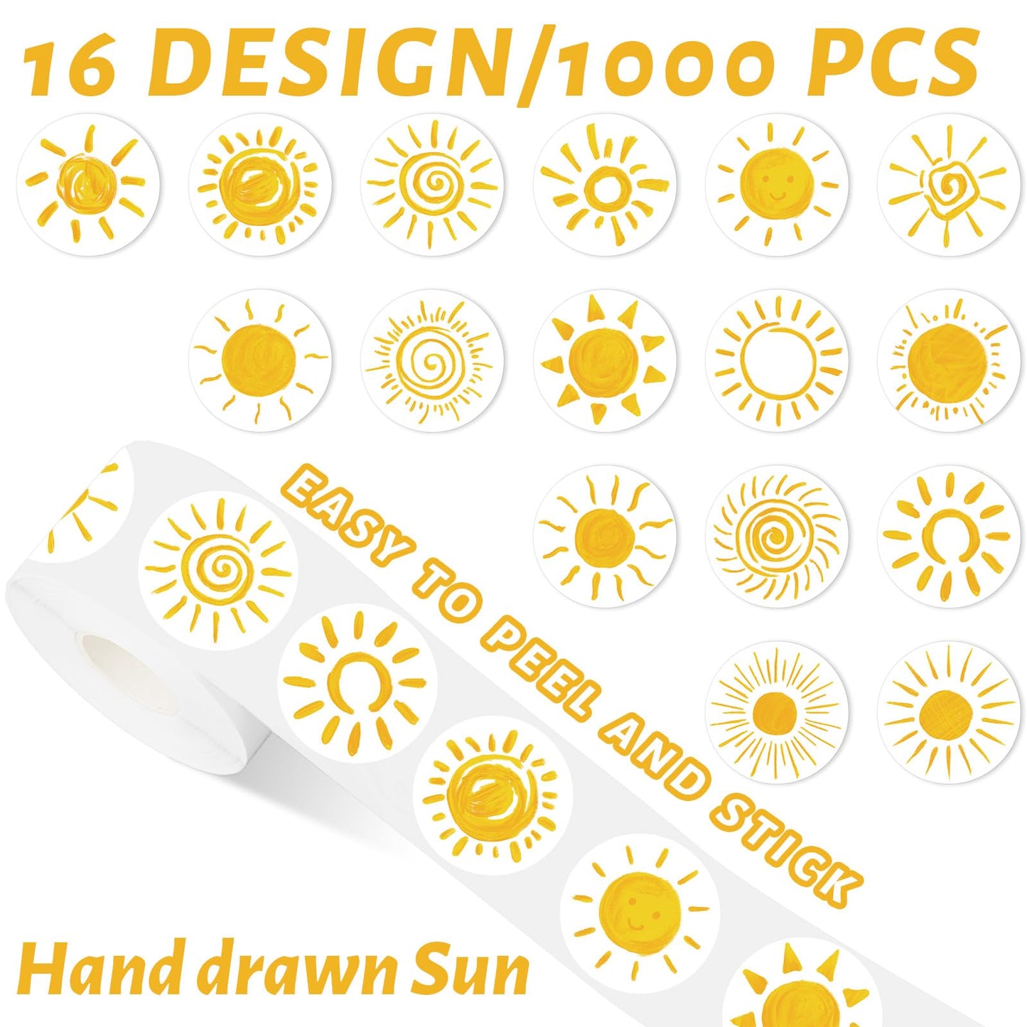 1000Pcs Boho Sun Stickers 16 Designs Sunshine Decal Adhesive Sealing Labels for Birthday Baby Shower Grocery Baking Bag Party Favor Supplies, 2 Roll