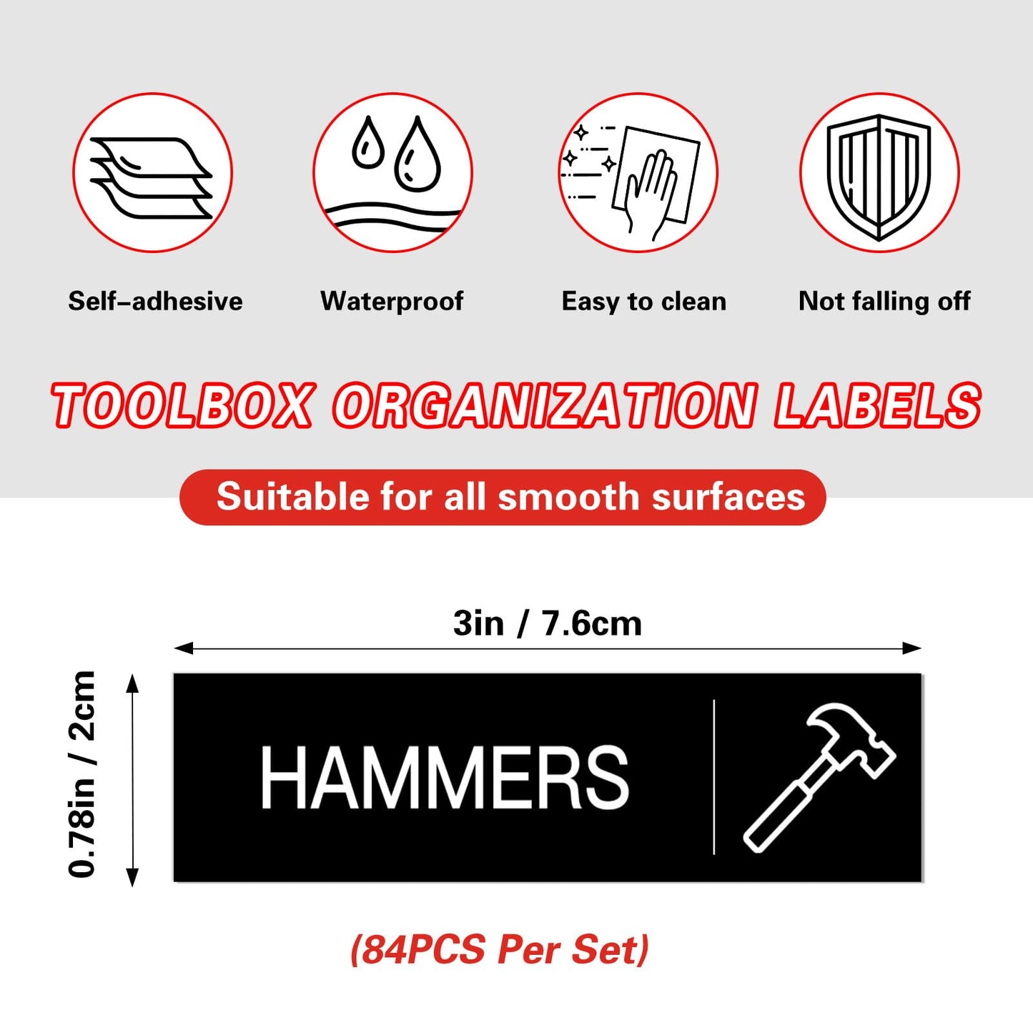 84 PCS Toolbox Organization Labels,Removable Tool Chest Label Stickers, Tool Box Accessories for Tool Box Drawers,3 x 0.79 Inches,with 6 PCS Blank Labels for DIY (Black)