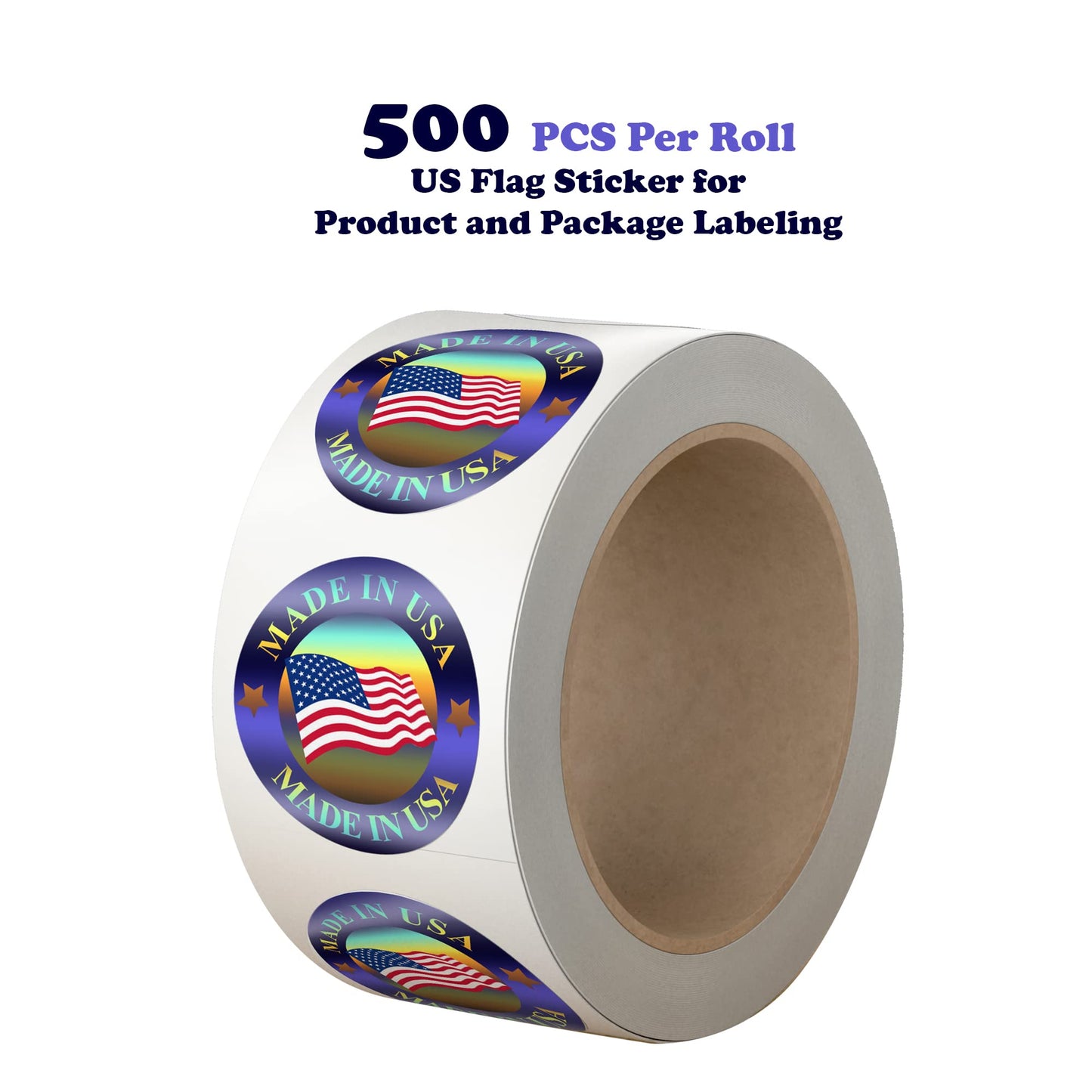 Made in USA Hologram Flag Labels 1-Inch Round American Stickers, 2 Colors (Blue and Red) Glossy Silver Metalized, 500 PCS Per Roll for Product and Package Labeling (1 Roll)