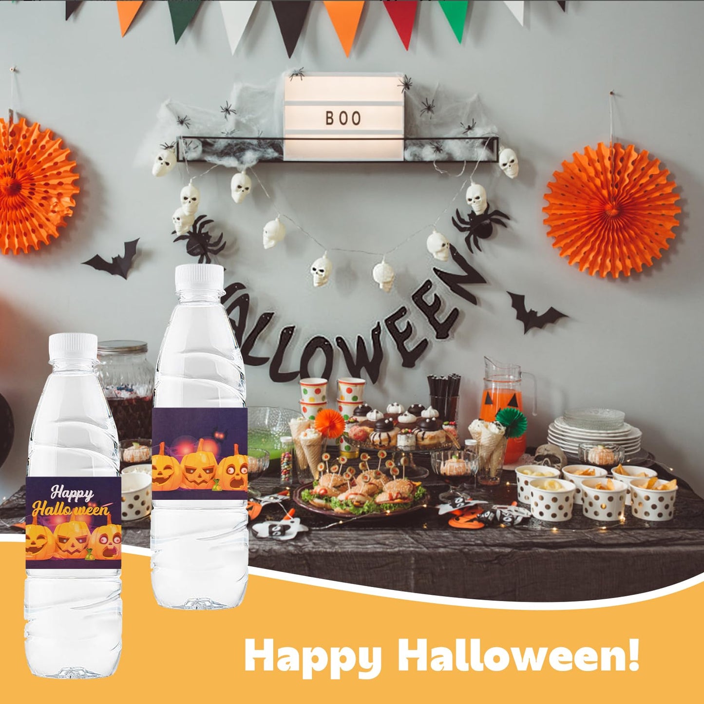 Happy Halloween Water Bottle Labels, 50Pcs Pumpkin Halloween Wraps Sticker Halloween Labels for Party Halloween Drinking Water Bottle Label Purple