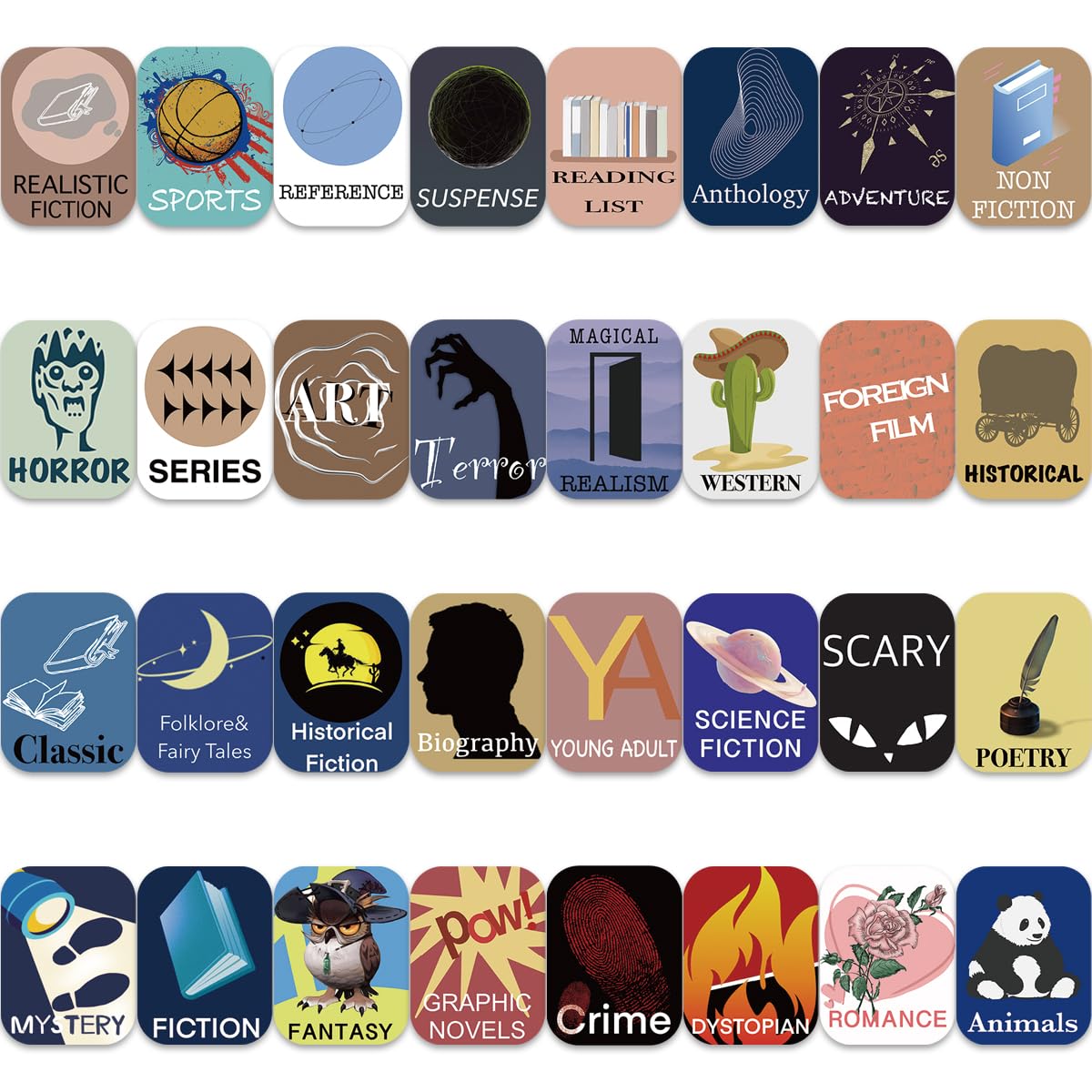 480PCS Library Genre Stickers,Book Spine Labels for Library,Classroom Library Classification Labels,Fiction Fantasy Romance Historical Adventure Sports(32 Designs)