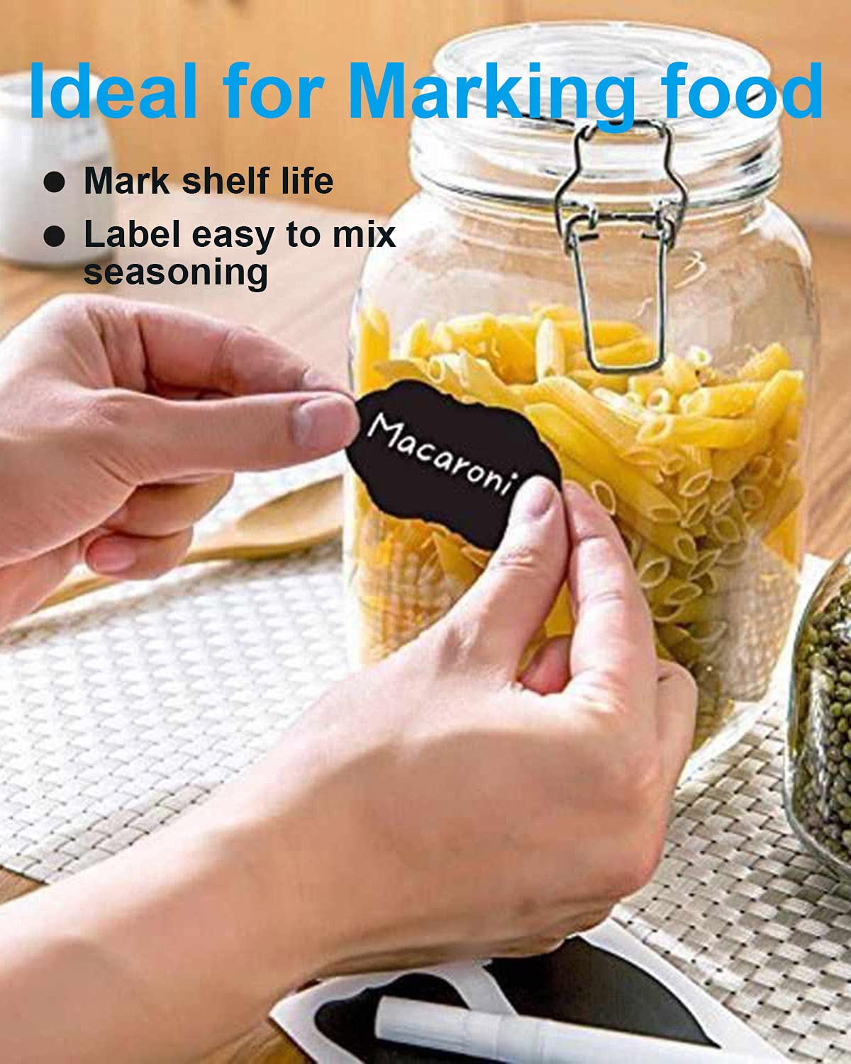 120 Chalkboard Labels Free Chalk Pen- Food or Spice Label for Bottles in Kitchen or Pantry- Multiform Black Labels for Food containers, Mason Jars, Storage Bins,Reusable Waterproof Removable Stickers Mult-shape