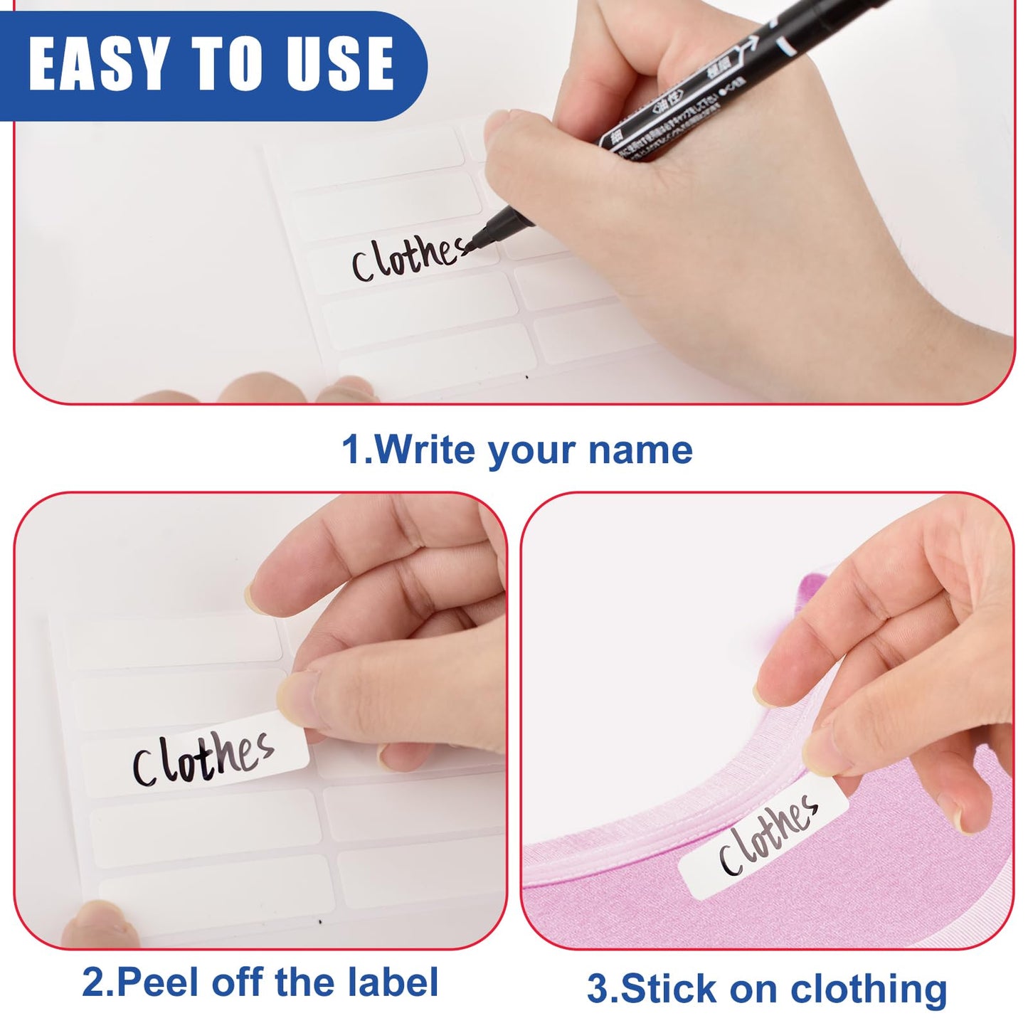 Self-Stick Clothing Labels - No Iron, Permanent Name Labels for Kids - Fabric Markers for Camp, School, Daycare Laundry Shop Supplies