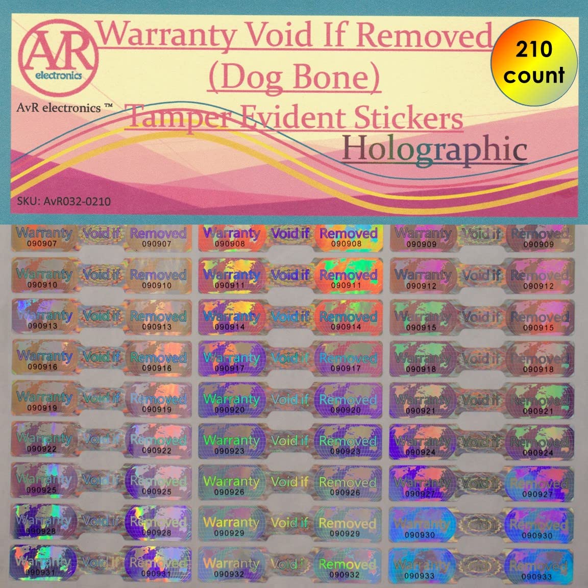 210 Hologram Tamper Proof Stickers. Tamper Evident Tape. Warranty Void if Removed. Individual Serial Numbers. Large 1.930 x 0.375 inches. (210 Stickers) 210 Stickers