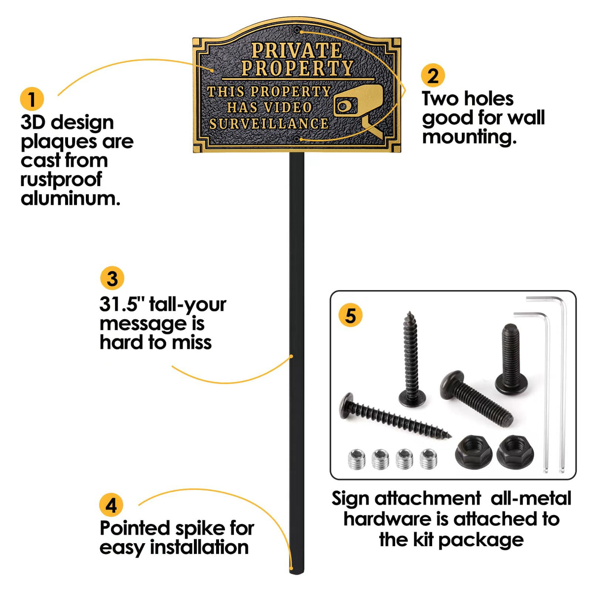 Private Property - This Property Has Video Surveillance Statement Plaque,Home Security Camera Sign with Stakes, Heavy-duty Material, Golden Embossed Letters, 11.5"×7.5” with 31.5" Post