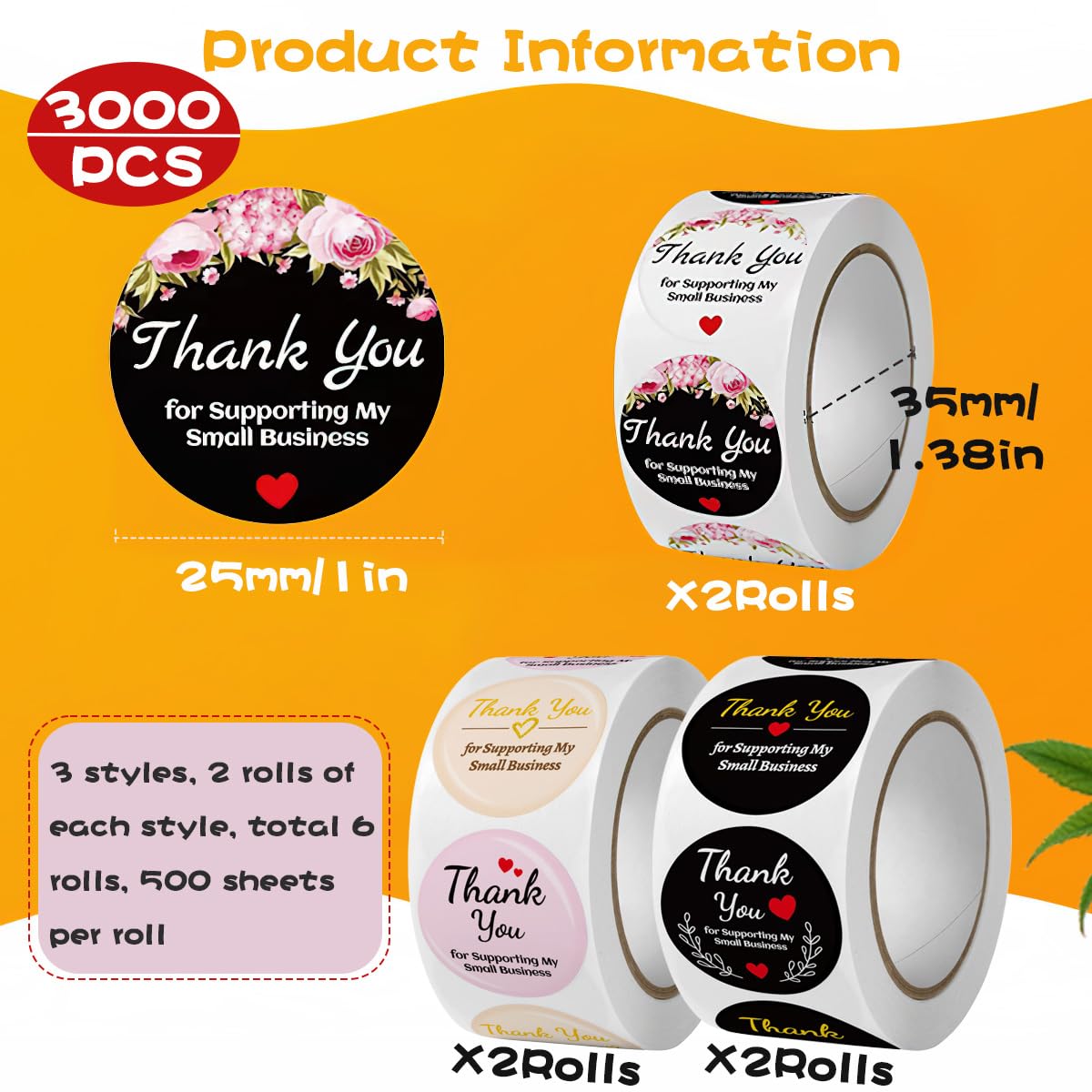 6Rolls Round Thank You Stickers, 3000Pcs Adhesive Labels for Envelopes, Gift and Crafts Packing