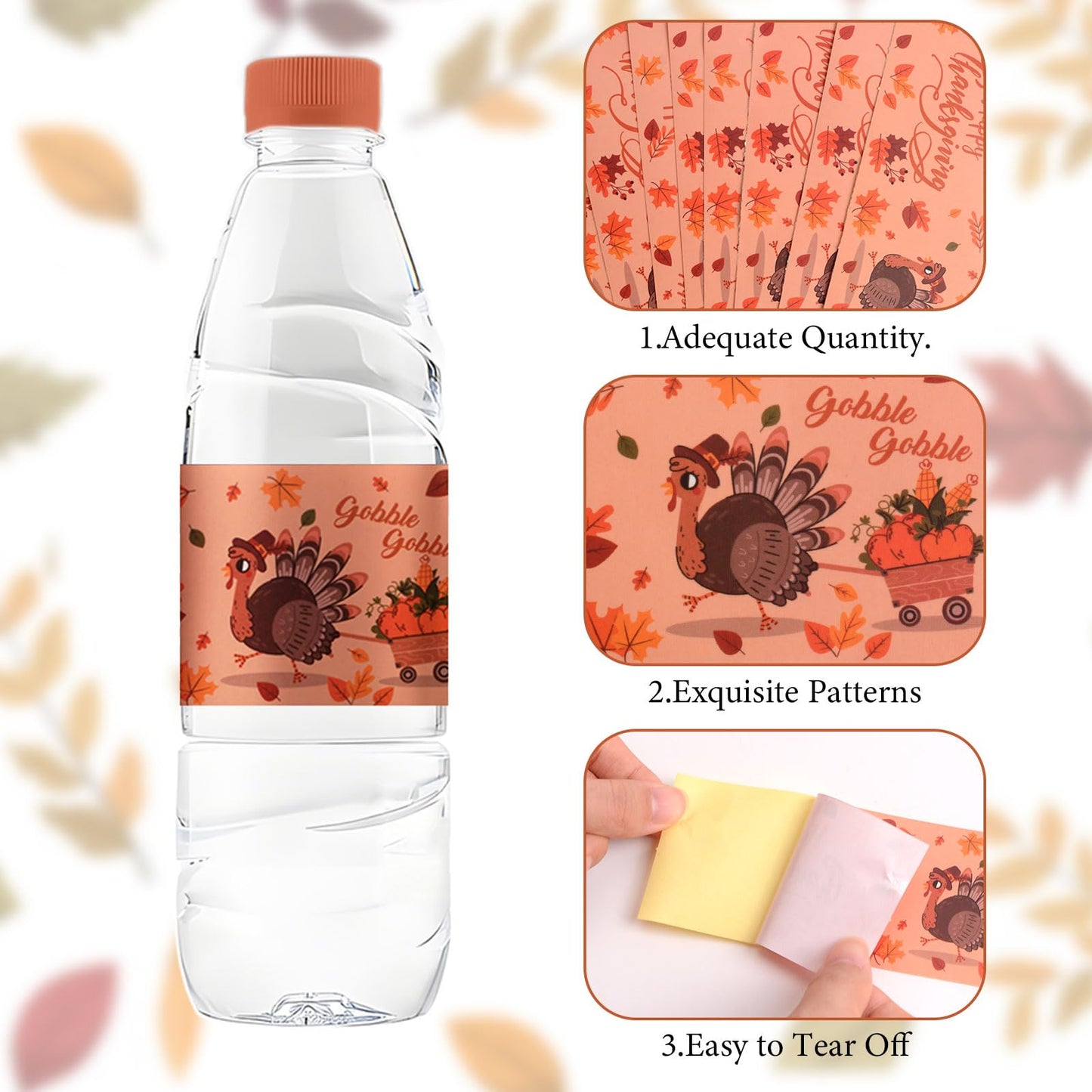 48 Pcs Thanksgiving Water Bottle Labels Turkey Day Themed Stickers Drinks Wrappers for Thanksgiving Party Favors Decor Supplies Orange