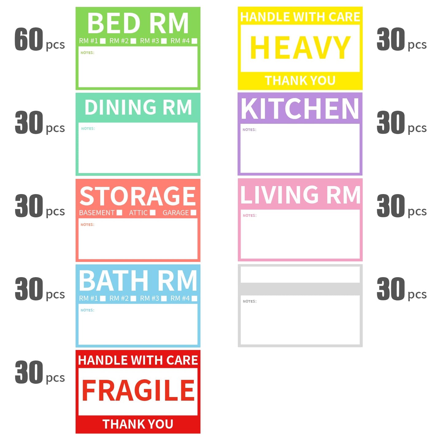 2” x 3’’ Removable Waterproof Home Moving Box Packing Labels for 1/2/3/4 Bedroom Rooms, 9 Designs Color-Coded Moving Stickers Including Fragile 、Heavy and Blank Labels (300 Labels) 300