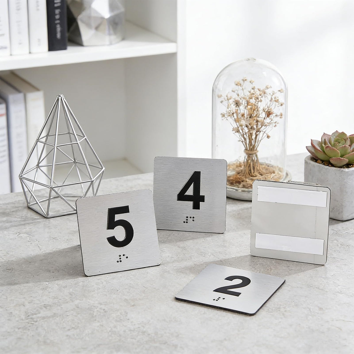 Door Numbers with Braille and Tactile Numbers,Exam Room Sign Numbers 1-5 and 6-10,Double Sided Tape Silver 4" x 4",for Exam Rooms Apartment Offices Educational Institution Elevator Sign,Directional Assistance Test Center (Numbers1-5) Numbers1-5