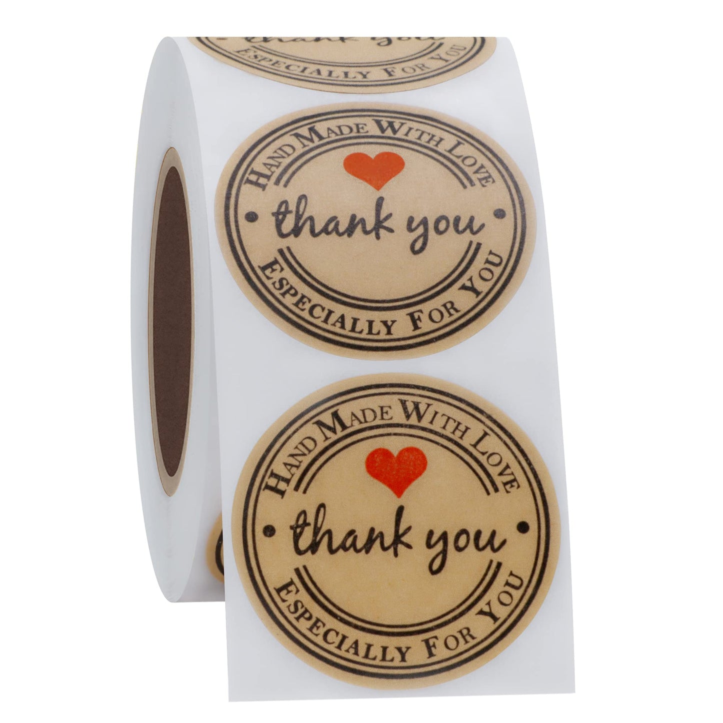 HYBSK Kraft Thank You Hand Made with Love with Red Heart Stickers 1.5" Inch Round Total 500 Adhesive Labels Per Roll (Kraft)