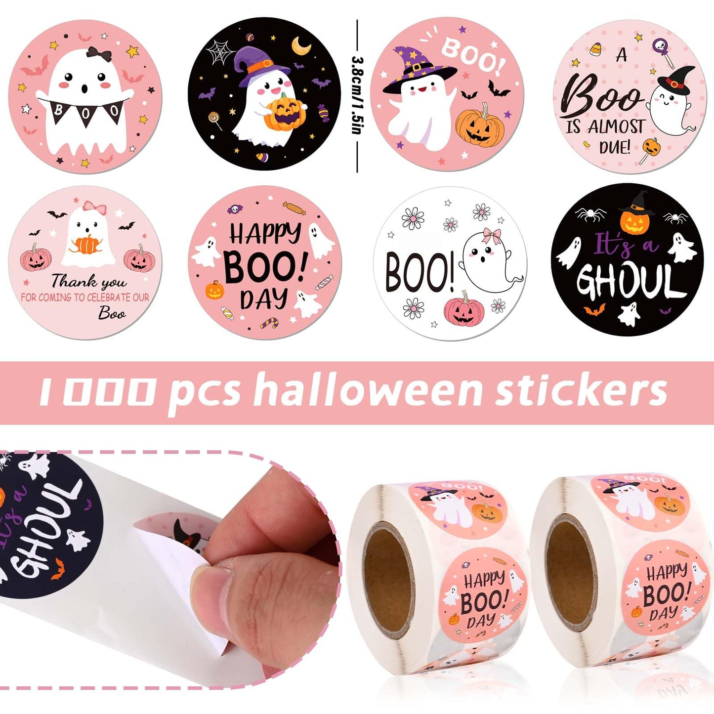 1000Pcs Halloween Stickers Roll Pink Black Cute Ghost Boo Self-Adhesive Round Stickers for Halloween Party Gift Bags Self-Sealing Supplies, 8 Design
