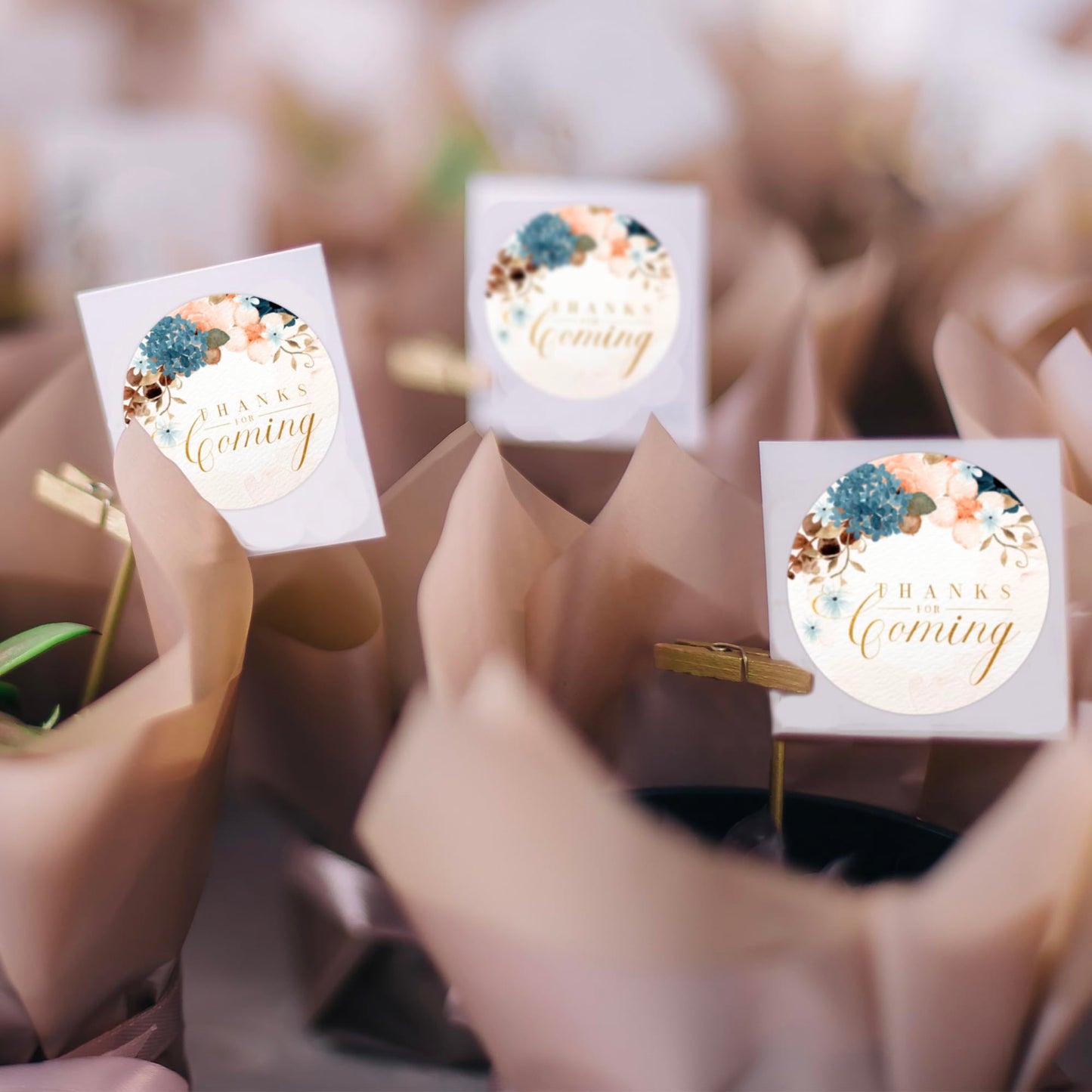 Mobiusea Creation Blue Dusty Blush Pink Floral Thank You for Coming Stickers | 2 inch | Gold Foil | 60pcs Waterproof Thank You Stickers Wedding Labels for Wedding, Bridal Shower, Baby Shower