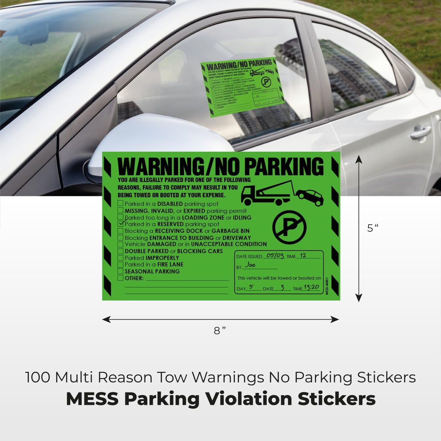 100 MESS Parking Violation Stickers - Hard to Remove - Green Multi-Reason - No Parking, Towing Warning Stickers 8x5 in 100