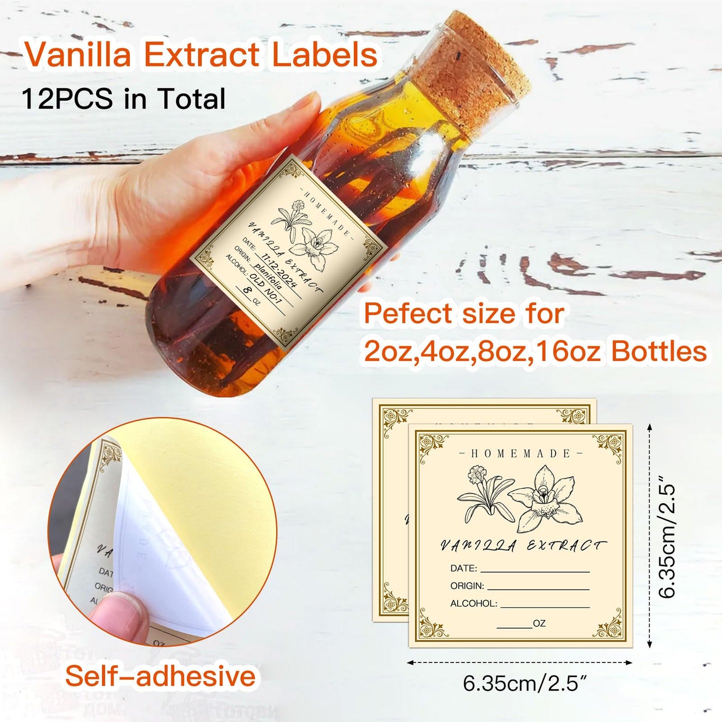 12PCS Vanilla Extract Labels - Homemade Vanilla Stickers for Handcrafted Bottles, Vintage Labels for 2oz,4oz,8oz,16oz Bottles (2.5inch,Square)