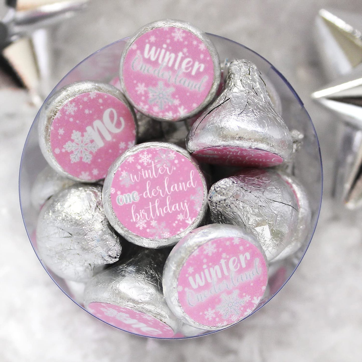 Pink Winter Onederland 1st Birthday Party Chocolate Kisses Candy Stickers, Snowflake First Birthday Party Favors - 180 Count