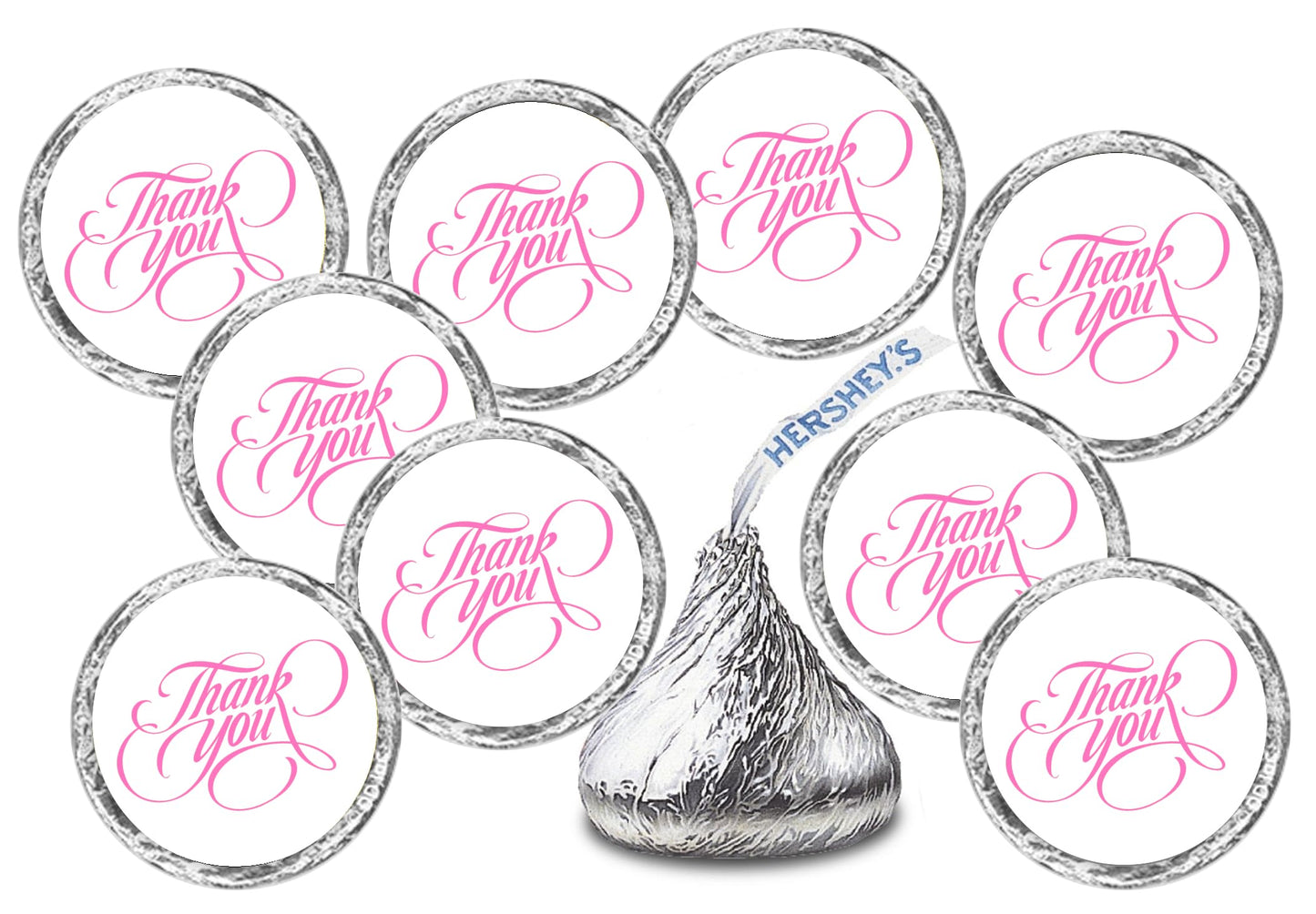 216 Modern Thank You Kisses Stickers, Elegant Chocolate Drops Labels Stickers for Weddings, Bridal Shower Engagement Party Decorations, Favors for Kisses in Pink. Made in USA