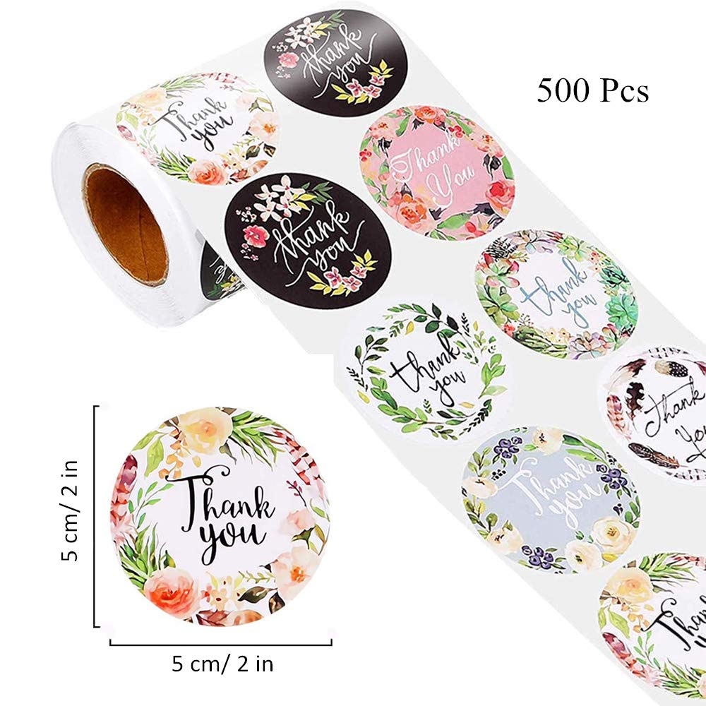 2" Thank You Stickers Roll, 8 Designs 50 mm Round Big Packaging Stickers, 500 Pcs Thank You Labels for Business Merchandise Bags, Packaging Boxes, Gifts, Envelopes and Receipts
