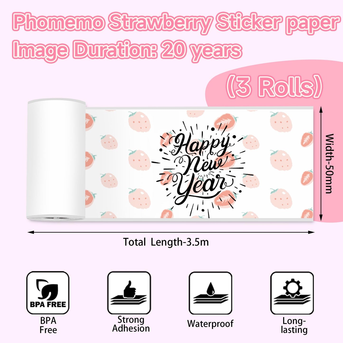Phomemo Self-Adhesive Thermal Sticker Paper, Color Printer Paper Compatible with Phomemo Q02/T02/M832/M02/M02S/M04S Thermal Printer, Black on Milk Strawberry, 50mm x 3.5m, Keep for 20 Years, 3 Rolls 1.96 in x 11.48 ft