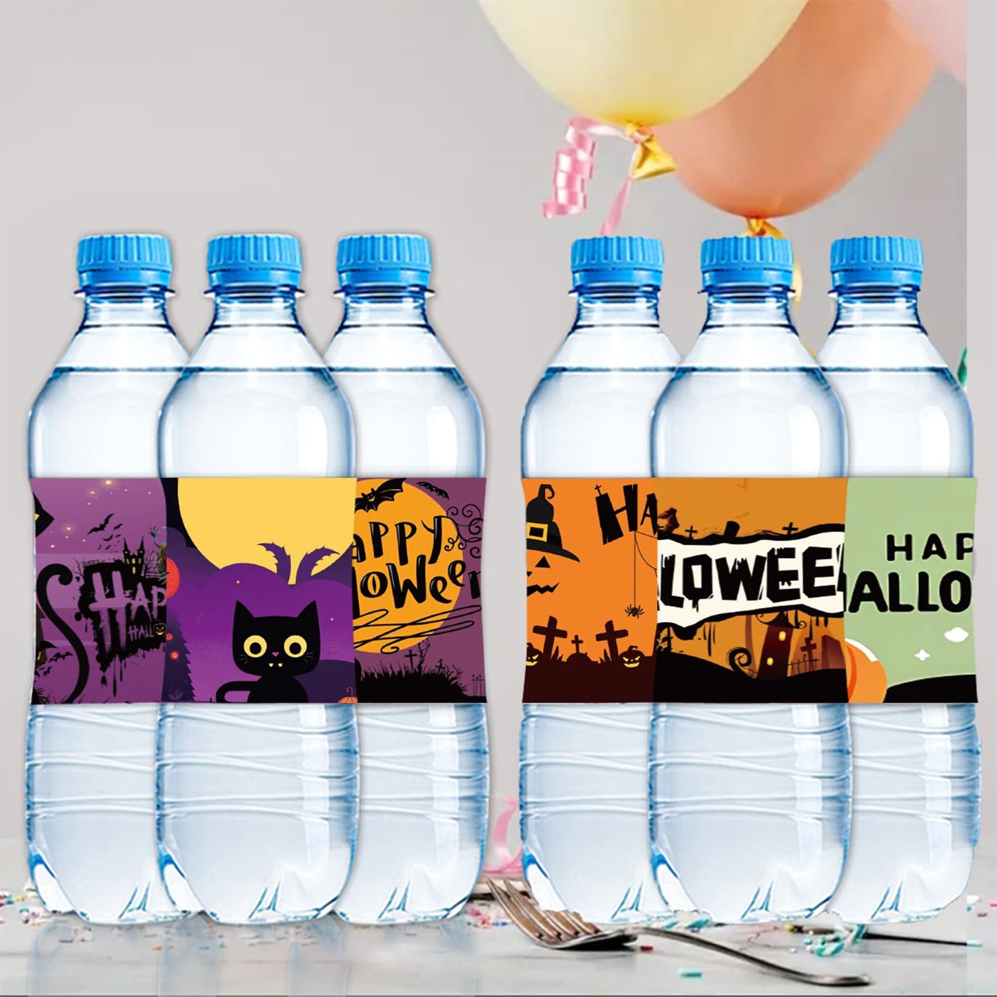 24 PCS Happy Halloween Water Bottle Labels Halloween Bottle Stickers Trick or Treat Stickers, Pumpkin Bat Web Pattern Bottle Labels Stickers for Halloween Party Supplies