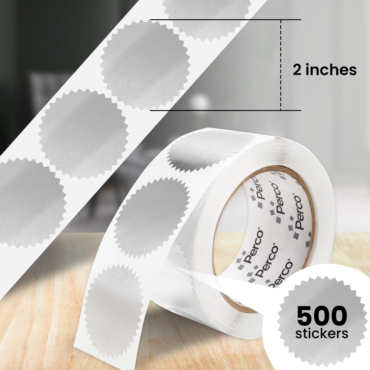 Perco Metallic Silver 2-Inch Serrated Edge Sticker Labels with Permanent Adhesive - 500 Labels per Roll - Stylish & Elegant Seals for Envelopes, Certificates, Awards, Packaging & More - Made in USA