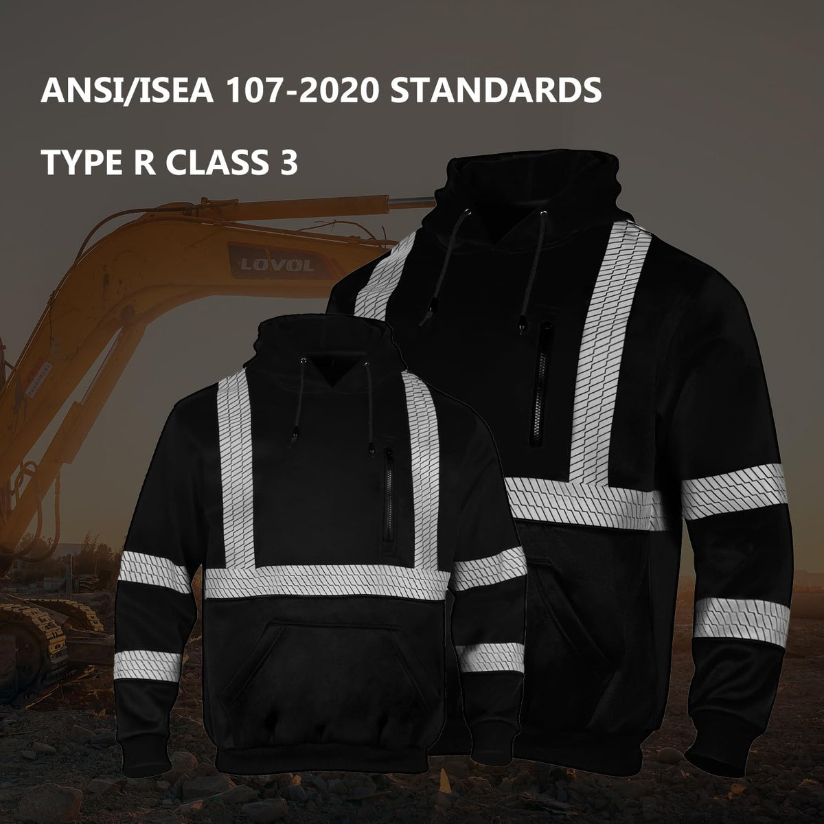 FONIRRA Hi Vis Hoodie for Men Reflective ANSI Class 3 Safety Sweatshirts High Visibility Construction Work Winter Pullover Black X-Large