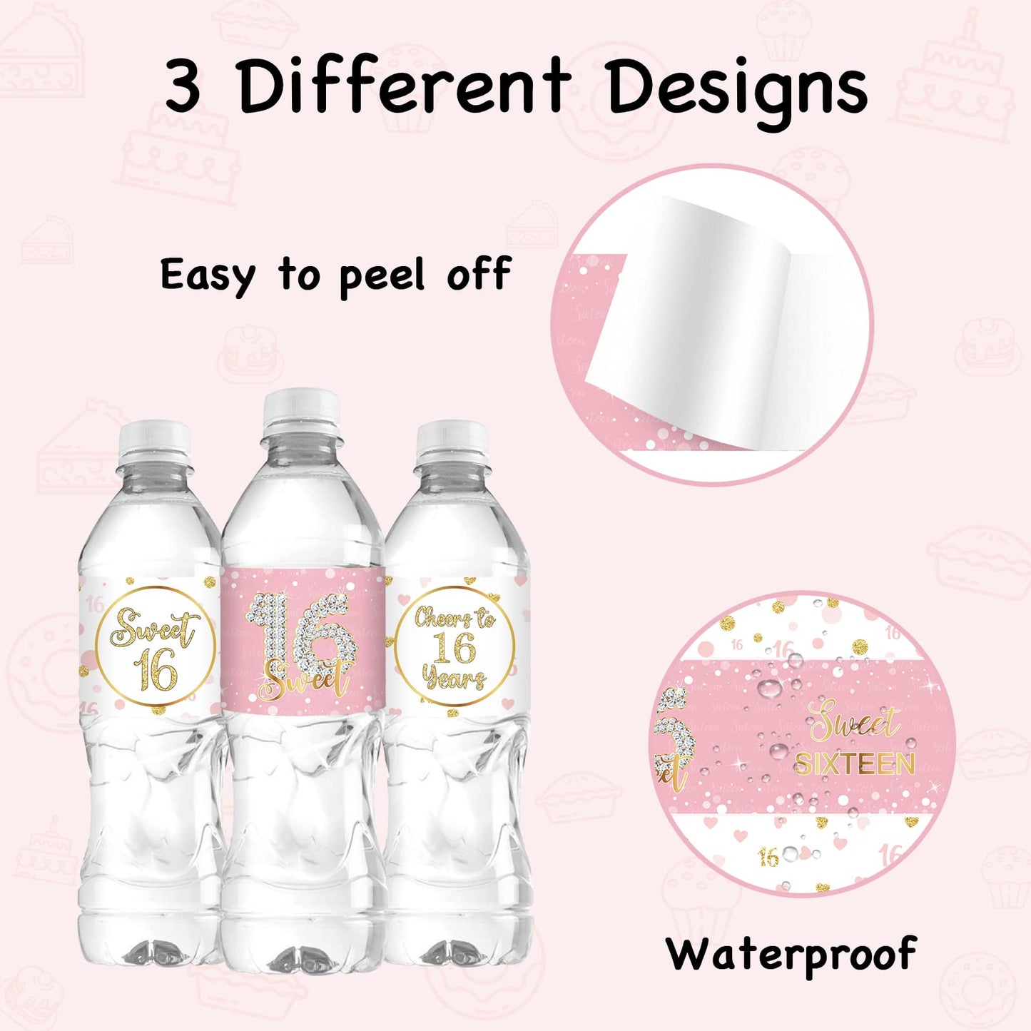Sweet Sixteen Water Bottle Labels, Cheers to 16 Years Stickers, for Girl Happy 16th Birthday Labels Sign Pink and White - 30 Pcs