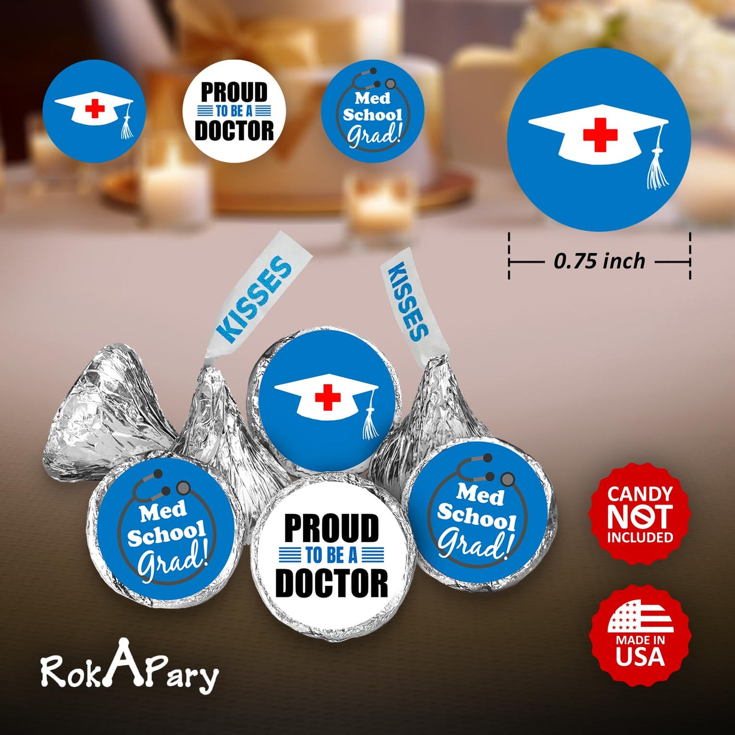 216 Med School Graduation Party Kisses Stickers Labels, Medical School Doctor Grad Party Decorations. Candy NOT Included. Made in USA.