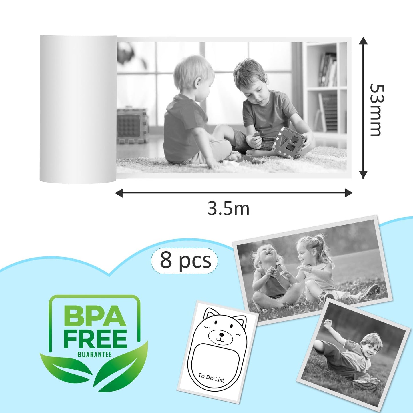 Mini Printer Sticker Paper - 8 Rolls White Self Adhesive Thermal Continuous Sticker Paper 50mm Width, Compatible with VFU & Most Label Printer, Ideal for Photos, Notes, List (50 * 3500mm)