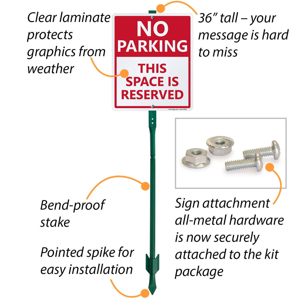 SmartSign 12 x 10 inch “No Parking - This Space Is Reserved” LawnBoss Yard Sign with 3 foot Stake, 40 mil Aluminum, Laminated Rustproof Aluminum, Red and White, Set of 1 10" x 12" Aluminum Sign with 3' Stake