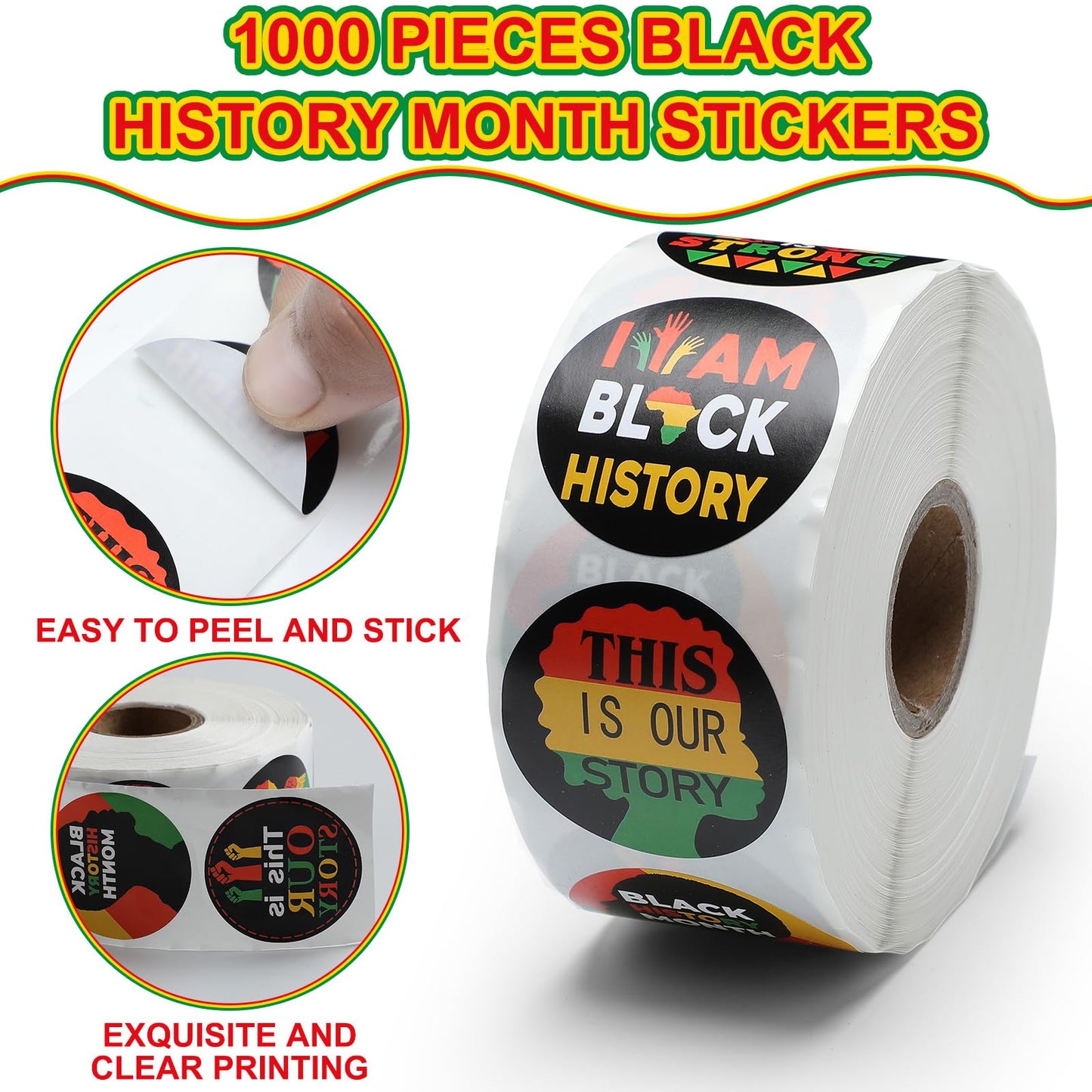 Harloon 1000 Pcs Black History Month Stickers Bulk, Roll Stickers Black Freedom Day Patriotic Party Supplies for Celebrate History Labels Decorations Month Gifts Party Supplies Water Bottle Rewards