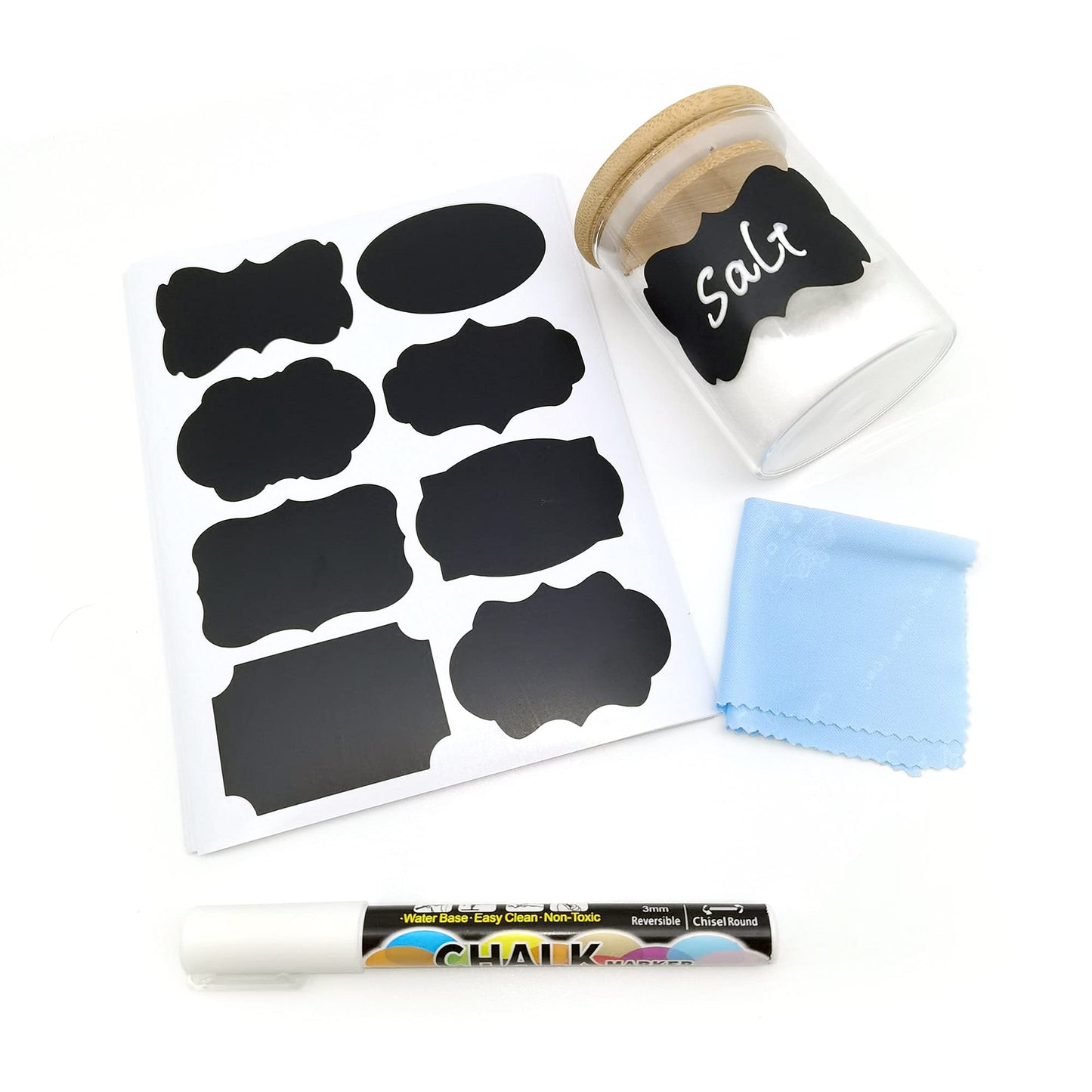 120 Chalkboard Labels Free Chalk Pen- Food or Spice Label for Bottles in Kitchen or Pantry- Multiform Black Labels for Food containers, Mason Jars, Storage Bins,Reusable Waterproof Removable Stickers Mult-shape