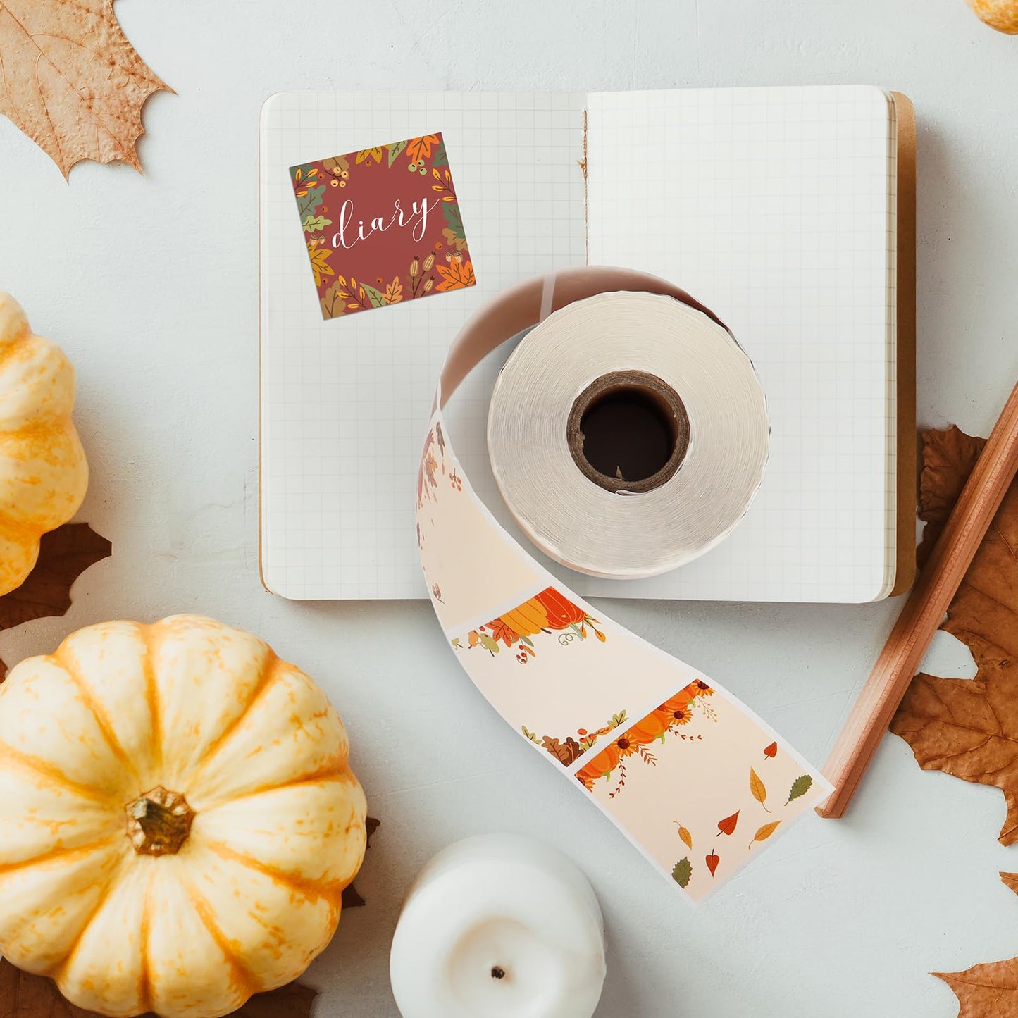 2 in Square Name Tag Thermal Labels - Autumn Sticker Paper - Harvest Fall Maple Leaves Pumpkins Mushrooms - Waterproof Scratch-Resistant DIY Thermal Printer Paper - Barcode Label - 5 Styles Autumn 1