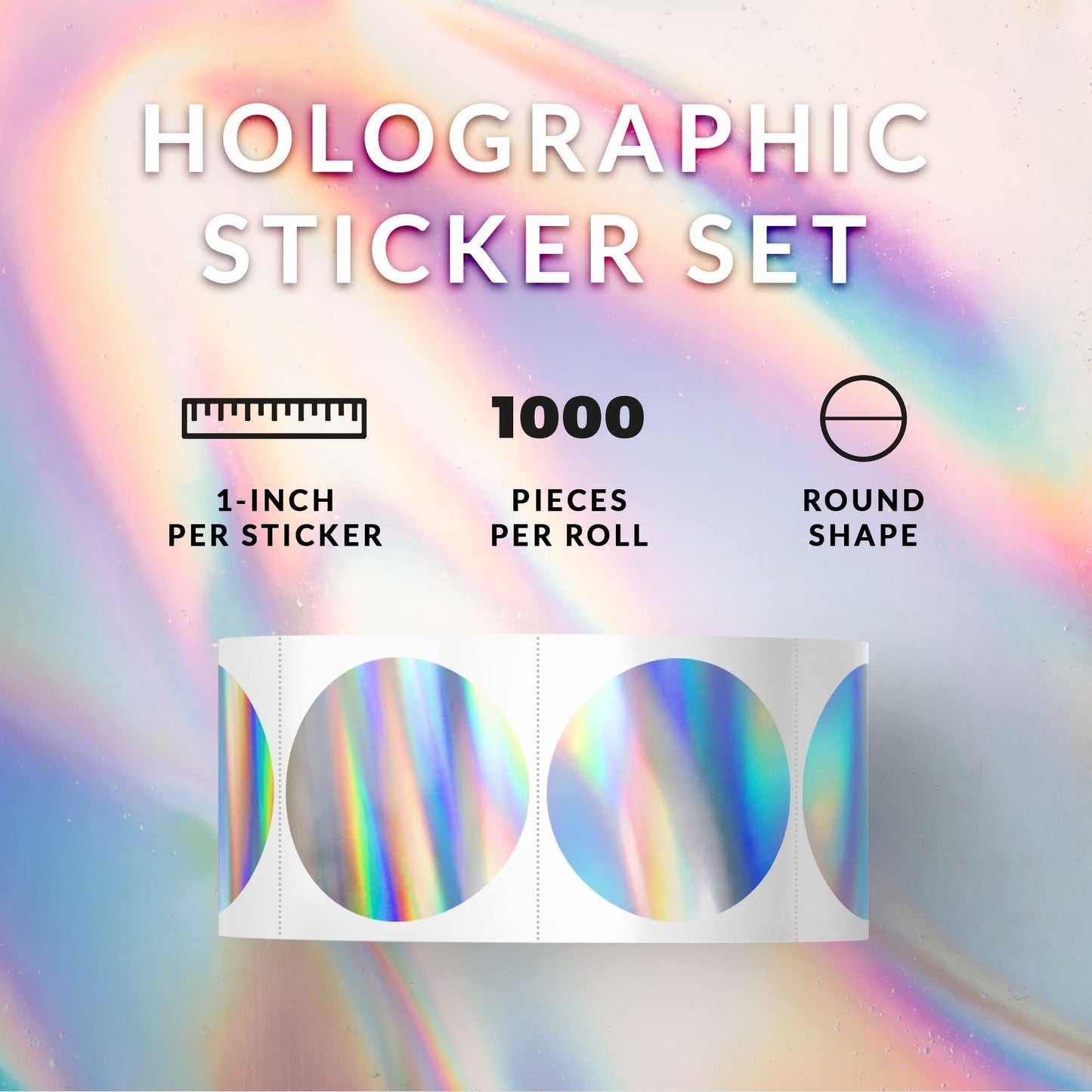 Mobiusea Creation Holographic Stickers | 1 Inch | 1000pcs in a Roll | Perforated Round Color Coding Circle Dot Labels | Metallic Shinny Rainbow Effects for Envelop Seals, Colored Dot Stickers
