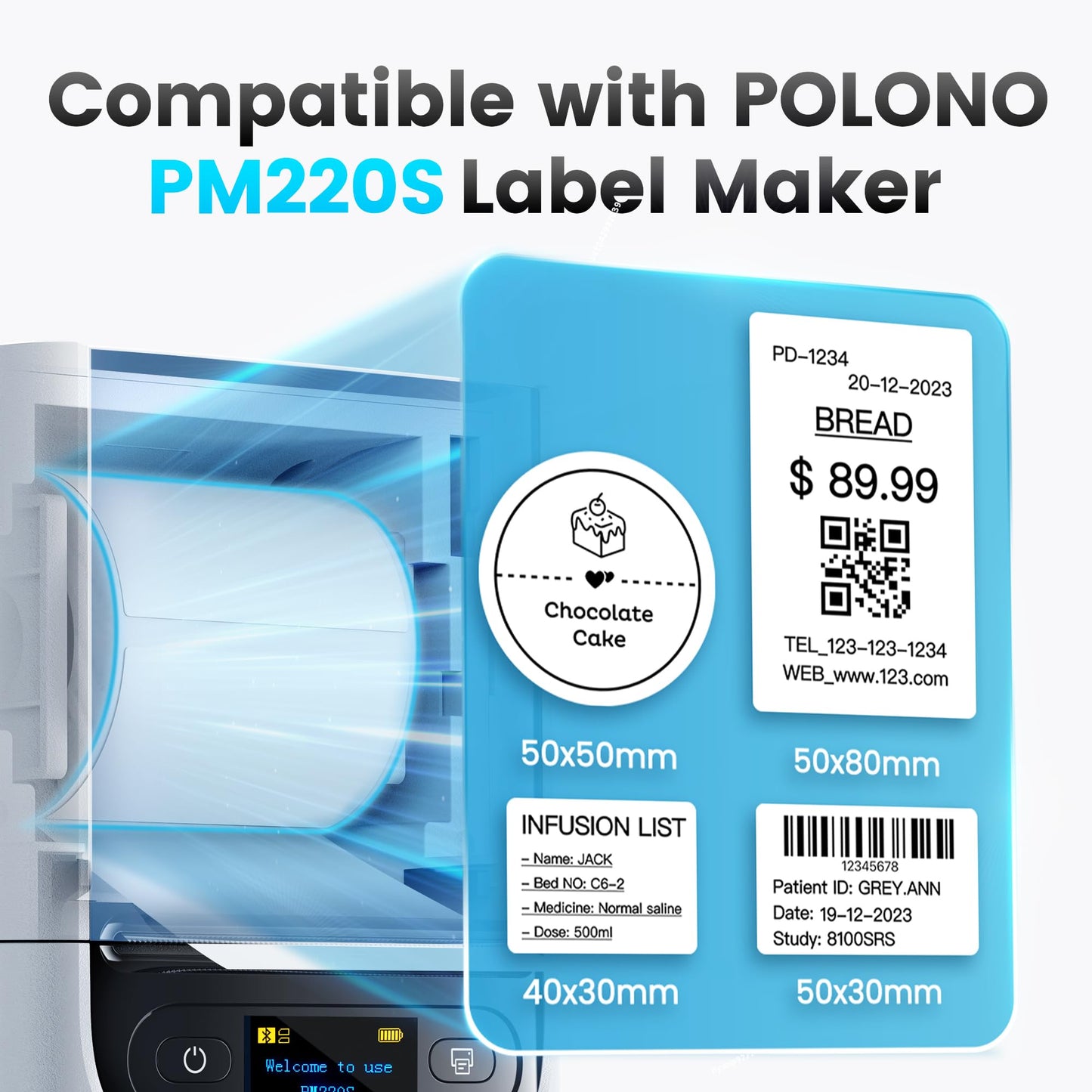 POLONO Genuine Thermal Labels for PM220S Label Makers, 1.57"x1.18" (40x30mm) Thermal Label, Waterproof, Multi-Purpose Self-Adhesive Labels for Small Bussiness, Office, School, 230 Labels/Roll (White)