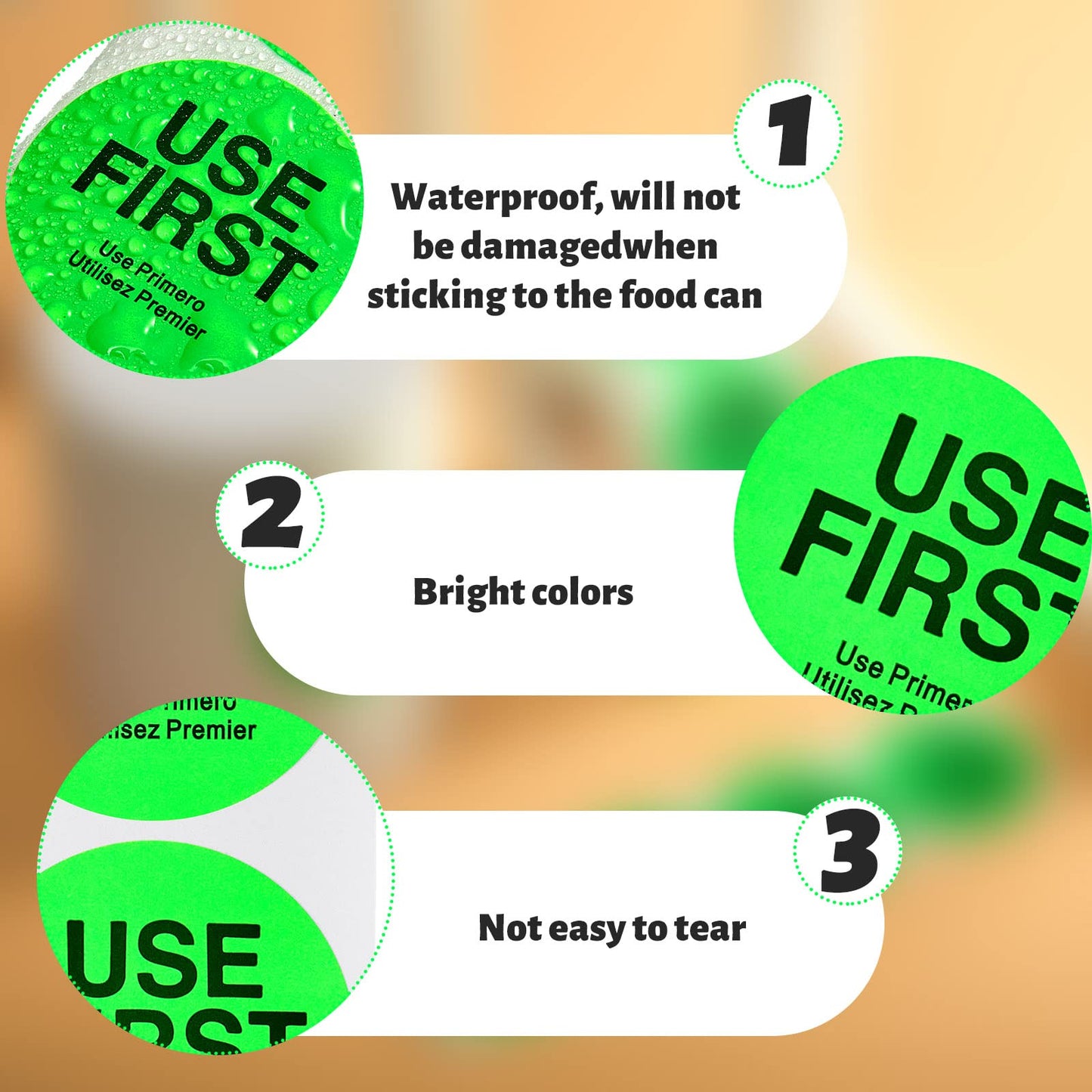 1000 Pcs Use First Stickers Day Food Labels 1.5 Inch Circle Removable Dots Food Labels Waterproof Fluorescent Adhesive Stickers for Kitchen Restaurant Containers,Trilingual,Green