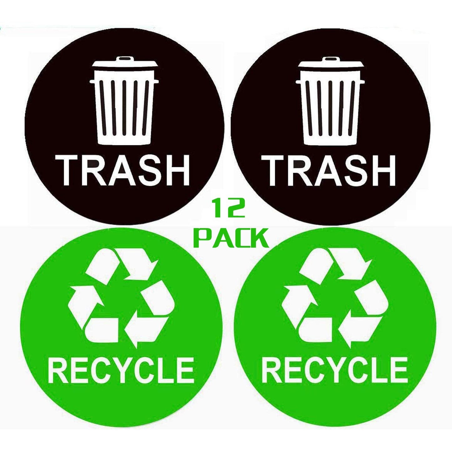 Recycle Sticker Trash Can Decal,Recycle and Trash Logo Self Adhesive Labels,Garbage Waste from Recycling-Indoor & Outdoor,Perfect for Kitchen Necessity, Home, Office,Bars,12 Pack Per Pack