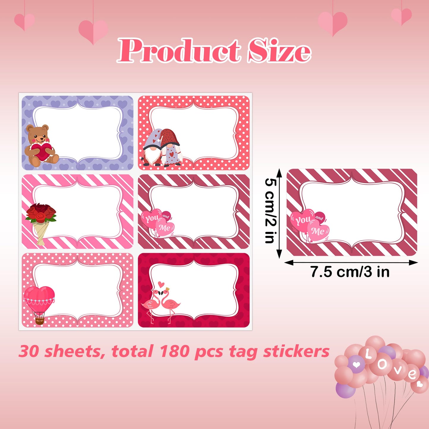 180PCS Valentine's Day Name Stickers, Valentines Theme Gift Tags Labels, 2x3 inch