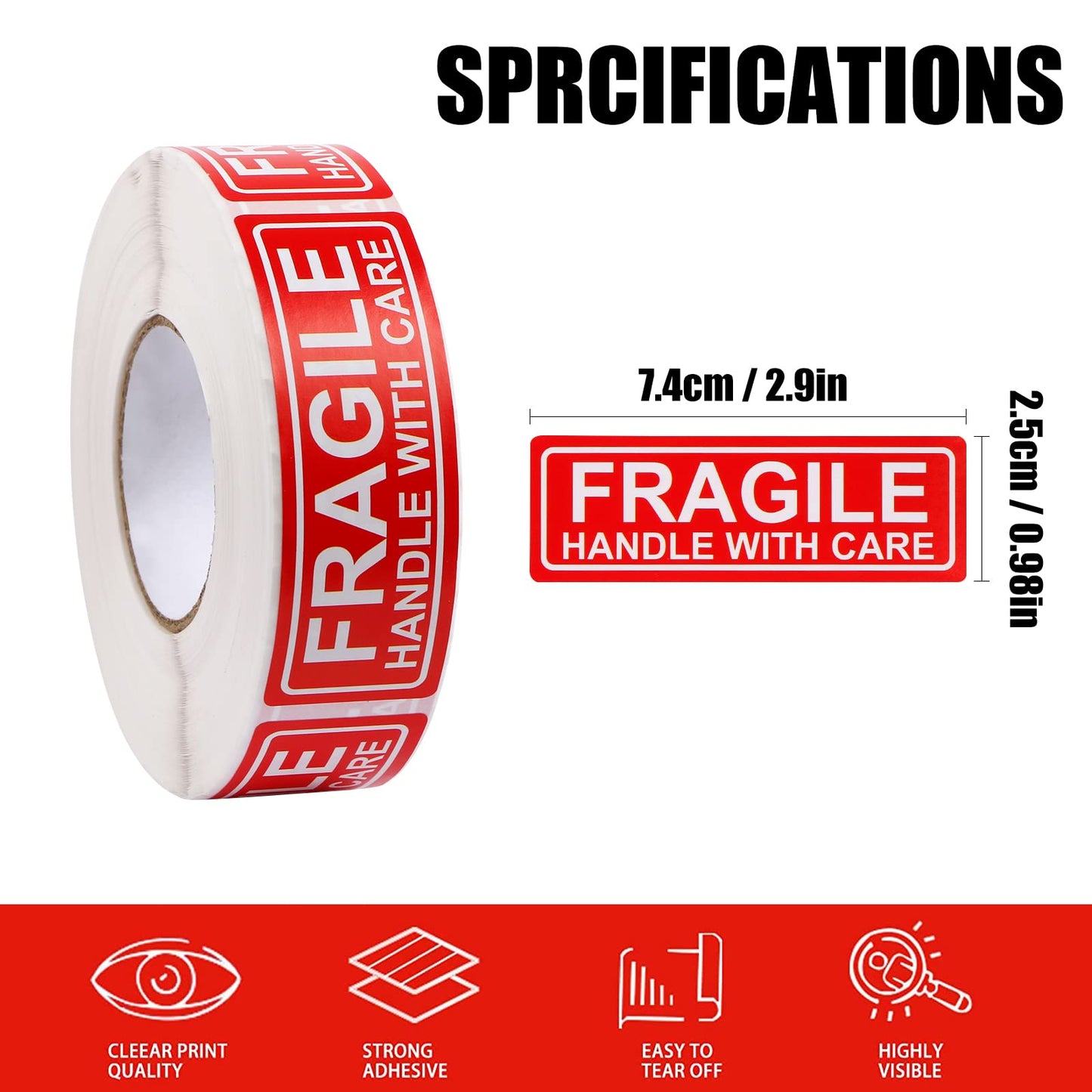 1" X 3" Fragile Handle with Care Warning Stickers for Shipping Moving and Packing, 500 Pcs Permanent Adhesive Labels, 1 Roll