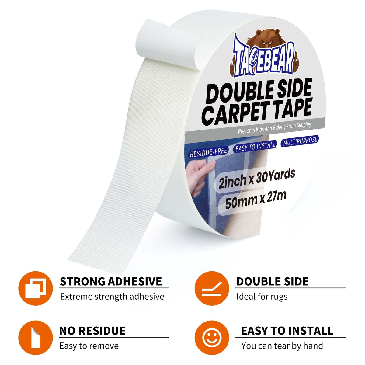 TAPEBEAR Carpet Tape Double Sided 2Inch x 30Yards, Heavy Duty Rug Gripper Anti Slip Anti Curling Floor Tape Residue-Free, Two Sided, Removable, Waterproof for Area Rugs, Mats, Strong Hold for Tile Clear Glue/White Package