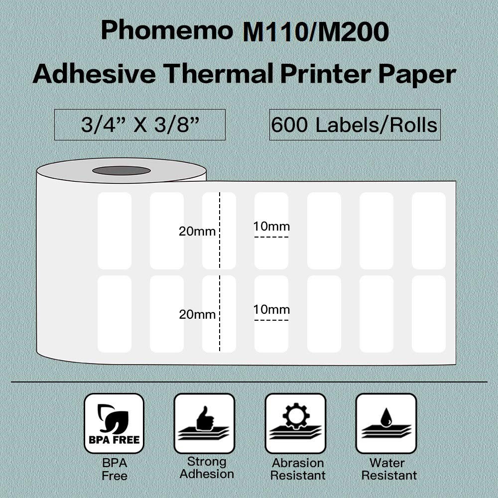 Phomemo 3 Roll 3/4" X 3/8"(20x10mm) Multi-Purpose White Self-Adhesive Label Paper for Phomemo M200/M110/M220/M221/M120/M221/M260/M150/M250 Bluetooth Label Maker, 600 Labels/Roll,Black on White 20mmX10mm