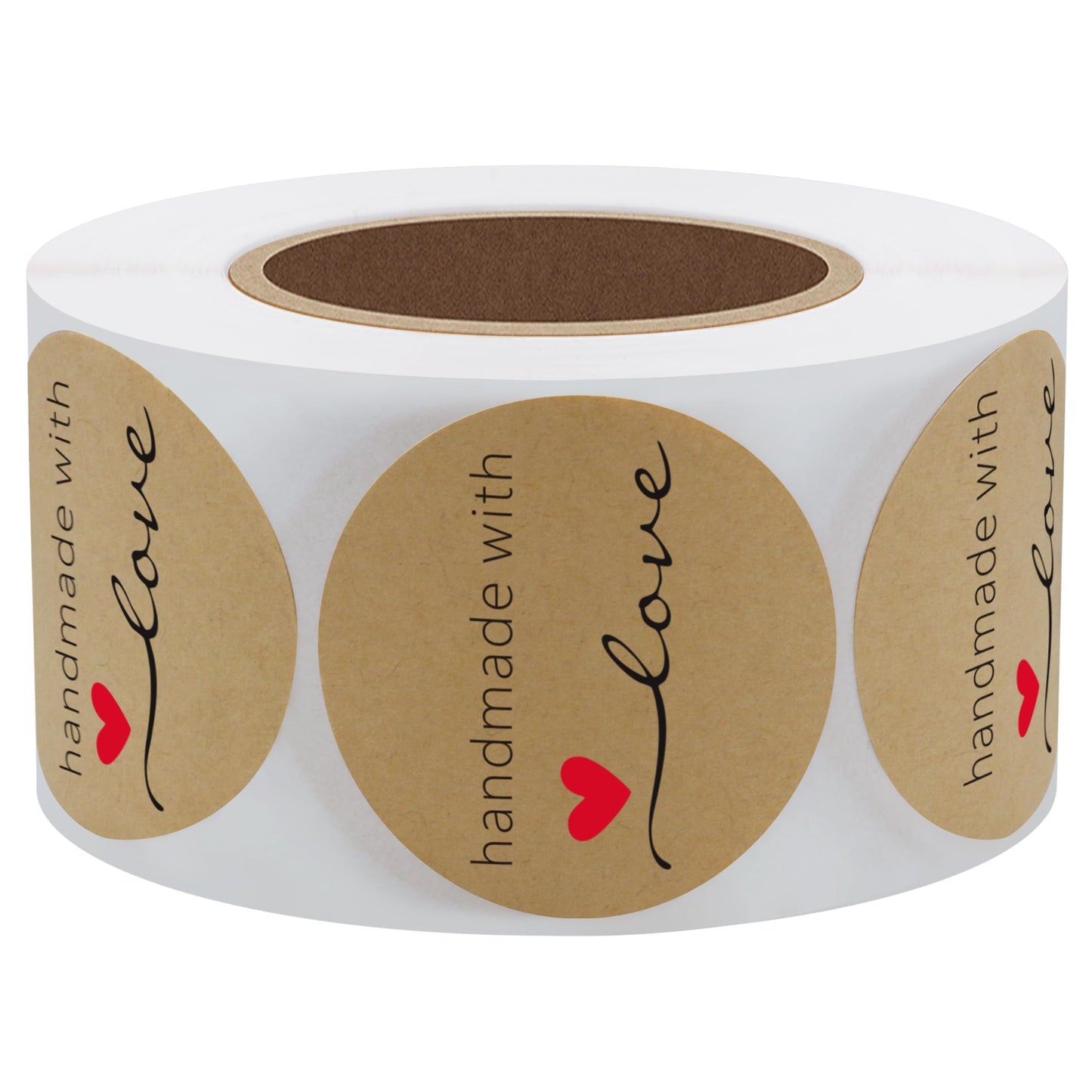 Hybsk Kraft Handmade with Love Stickers 1.5" Inch Round Total 500 Adhesive Labels Per Roll (Kraft)