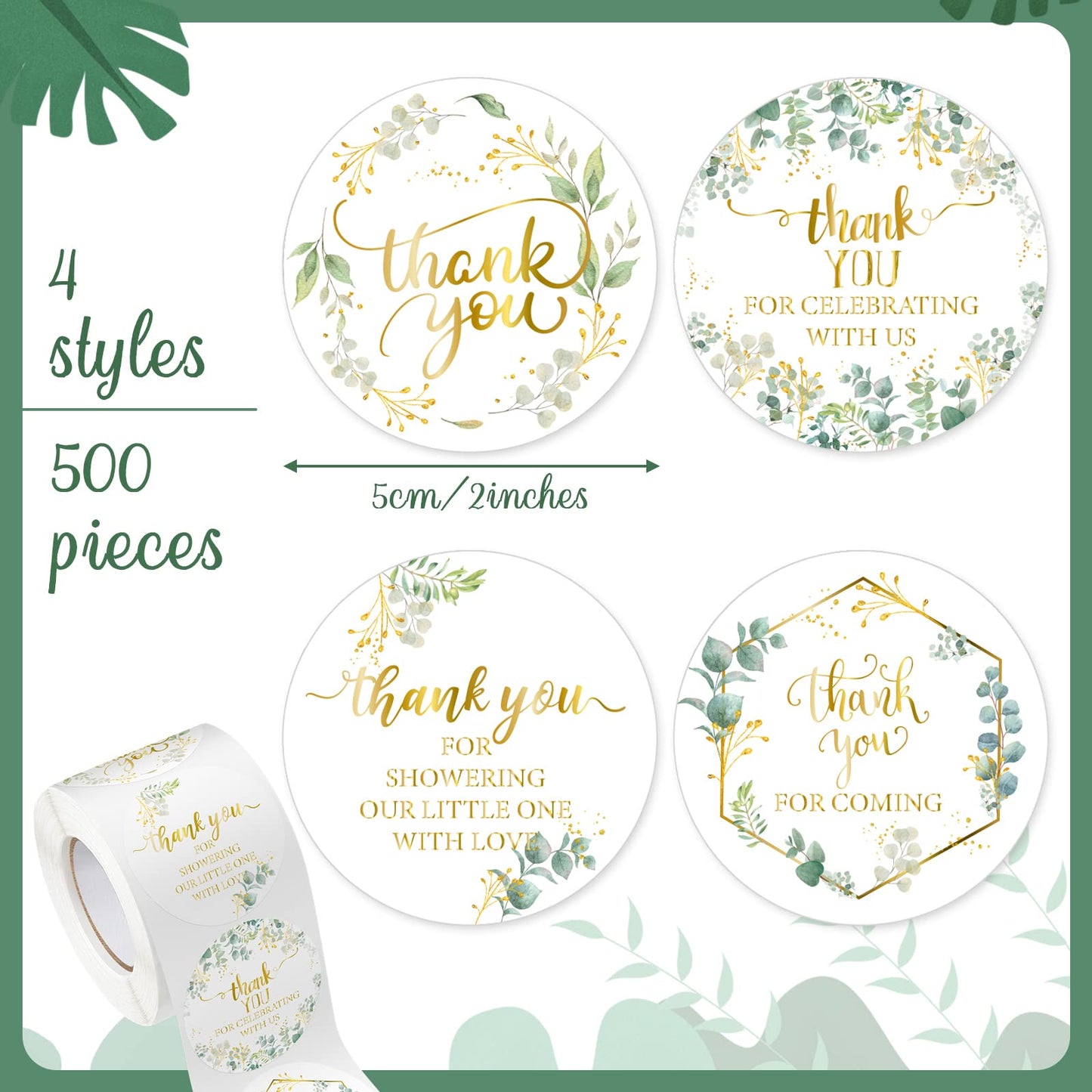 Lewtemi 500 Pcs Baby Shower Thank You Stickers Greenery 2 Inch Circle Round Thank You Label Sticker for Coming Wedding Green Leaves Favors for Baby Shower Bridal Wedding Birthday Party Supplies