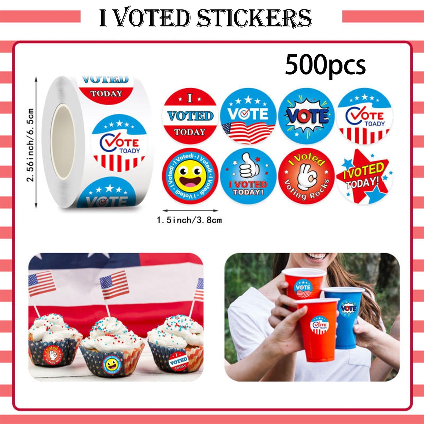 500pcs I Voted Stickers - 1.5 inch Stickers for Kids & Postcards, Patriotic Vote Decorations
