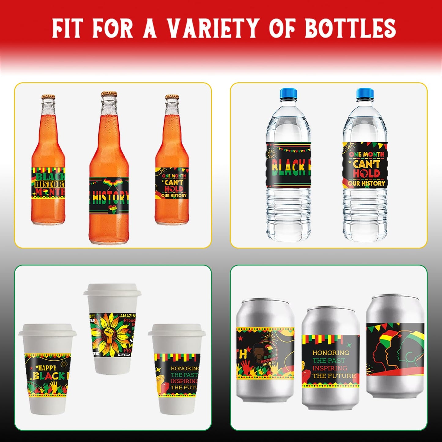 100Pcs Black History Month Decorations Water Bottle Labels Black History Month Stickers for Freedom Day African American Celebration Patriotic Festival Party Supplies